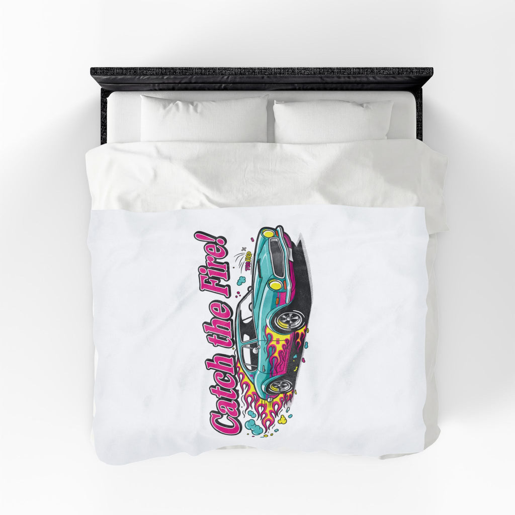 Catch the Fire Retro Cartoon Car Velveteen Plush Blanket | racing flame, vintage car illustration