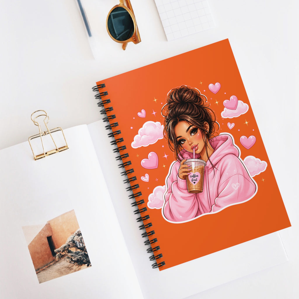Cute Girl Drinking Boba Spiral Notebook – Pink Hoodie Illustration Ruled Journal