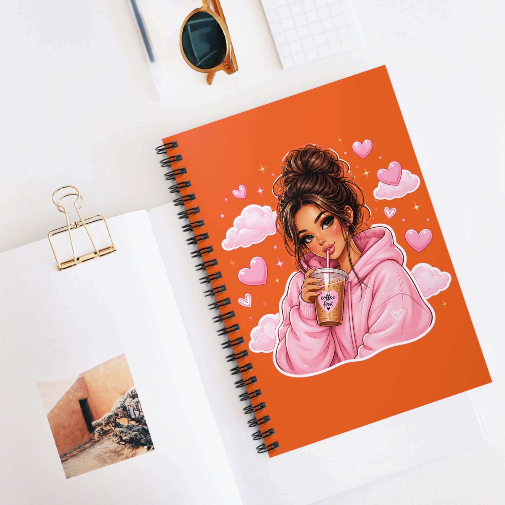 Cute Girl Drinking Boba Spiral Notebook – Pink Hoodie Illustration Ruled Journal