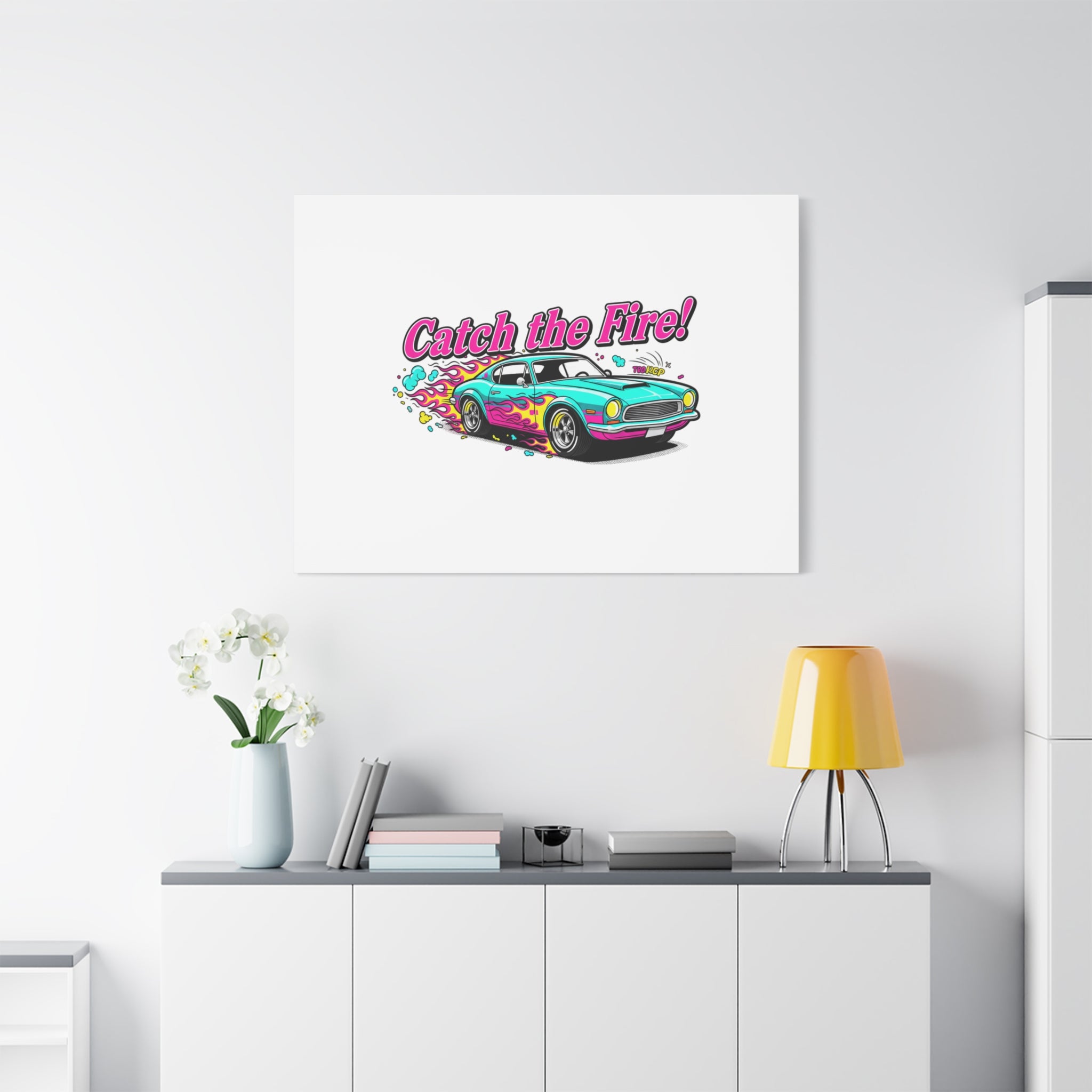 Catch the Fire Retro Car Canvas | Cartoon Racing Flame, Vintage Car Illustration