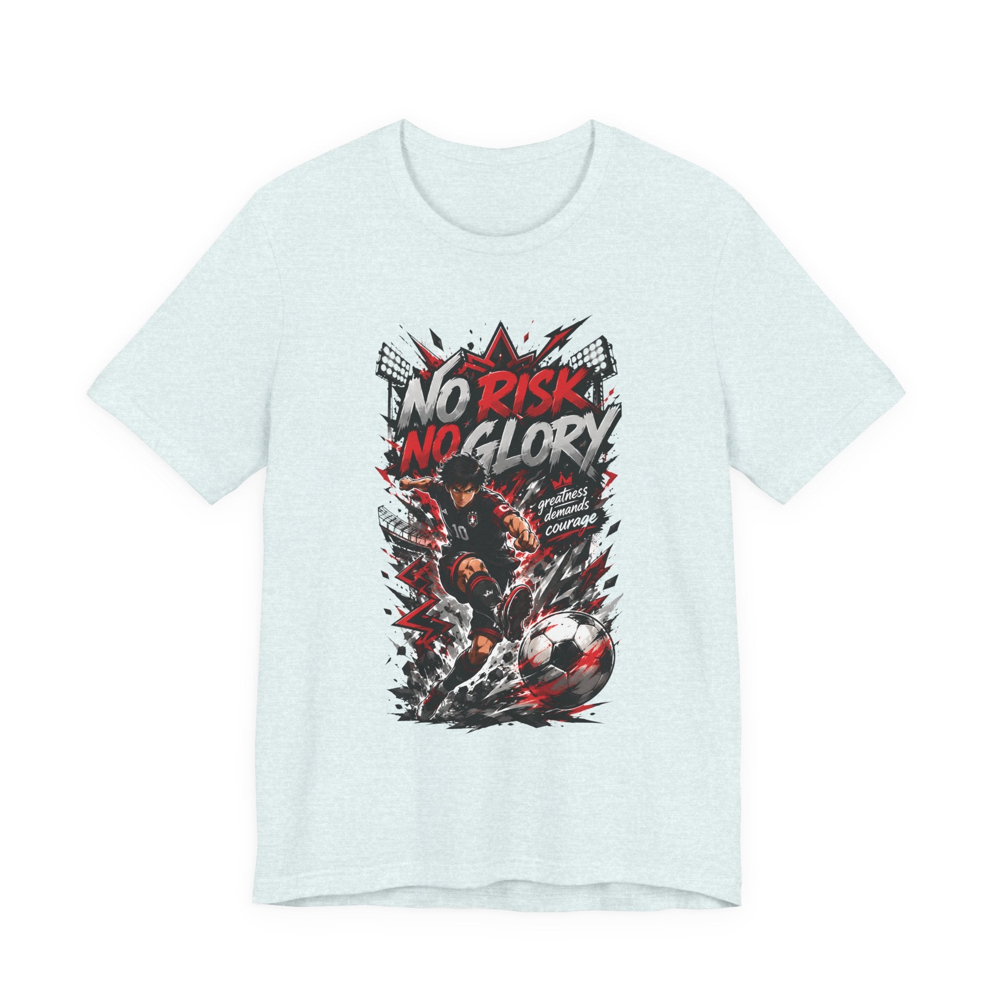No Risk No Glory Soccer T-Shirt — Dynamic Football Player Graphic Tee