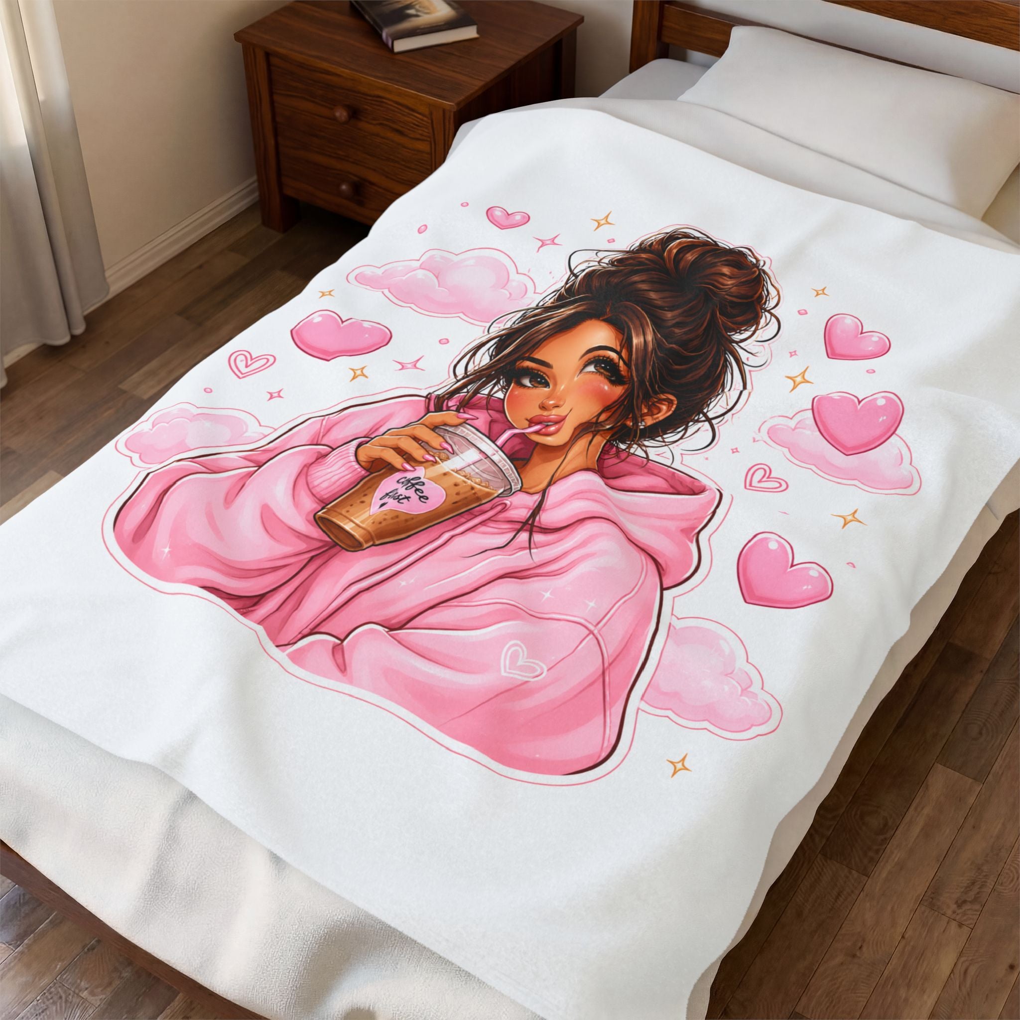 Velveteen Plush Blanket — Cozy Pink Hoodie Girl with Coffee Illustration