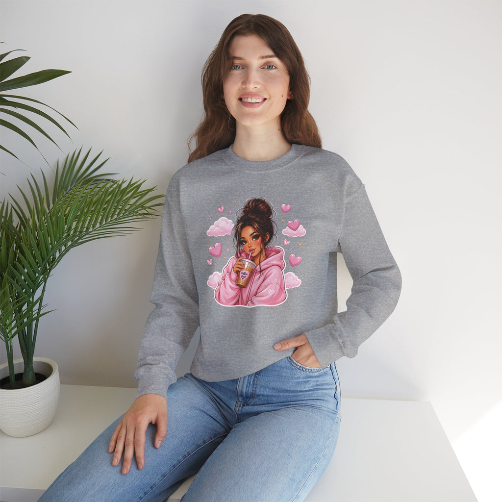 Cozy Pink Heart Girl Crewneck Sweatshirt