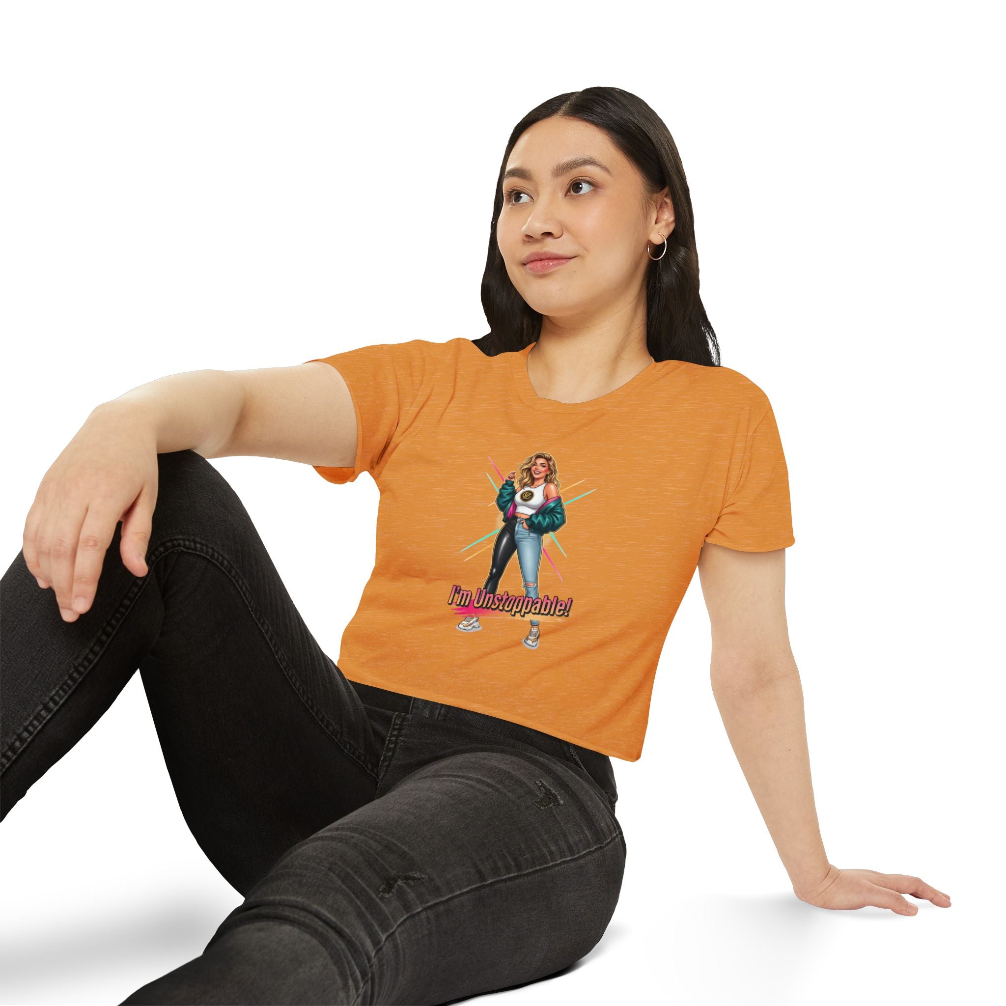 Women’s Festival Crop Top — “I’m Unstoppable!” Retro 80s Empowerment Tee