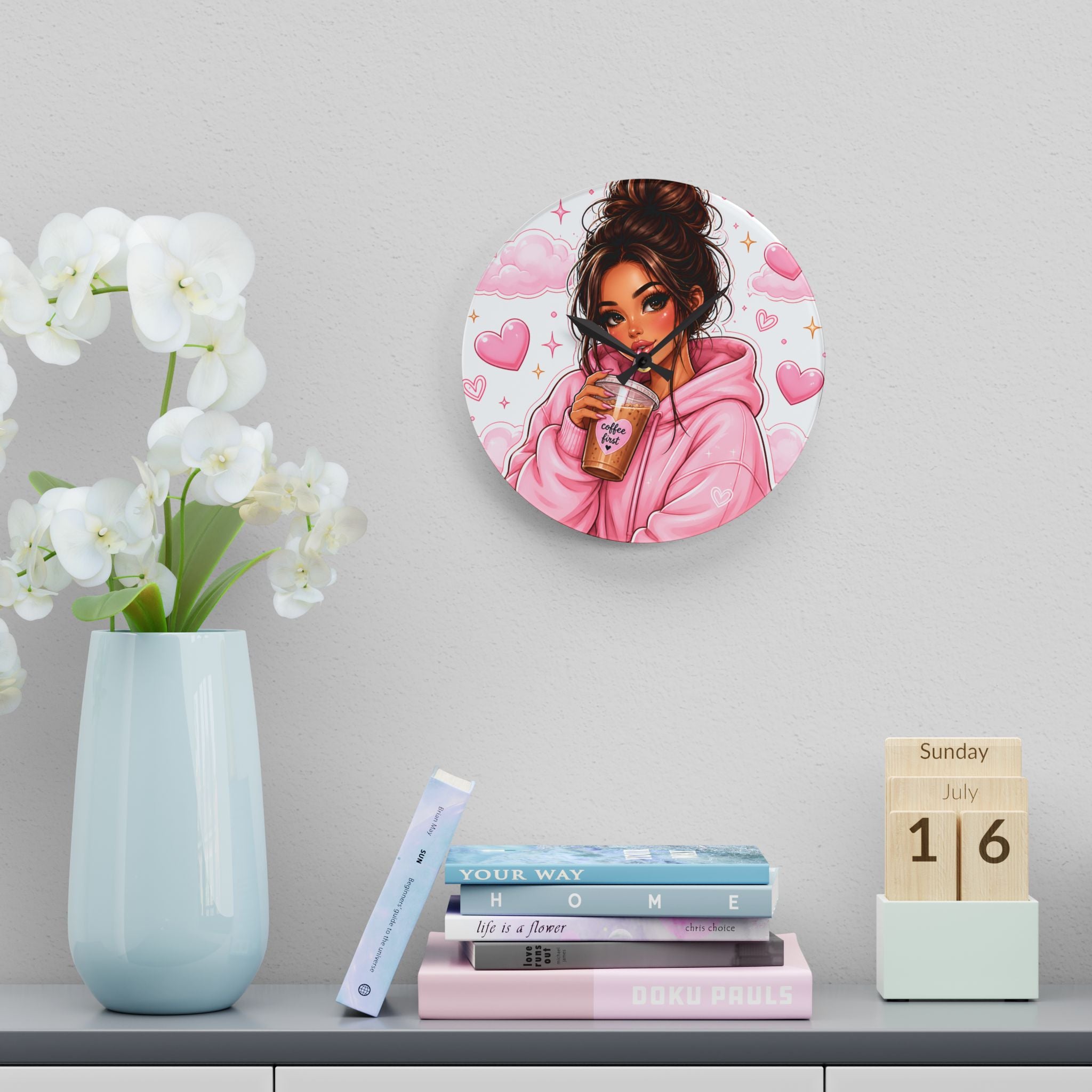 Pink Cozy Girl Acrylic Wall Clock — Cute Coffee Hoodie Decor
