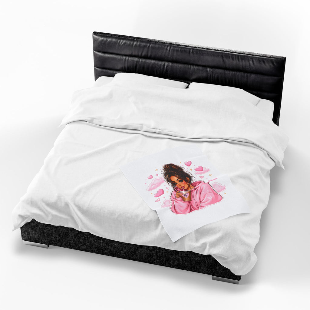 Velveteen Plush Blanket — Cozy Pink Hoodie Girl with Coffee Illustration