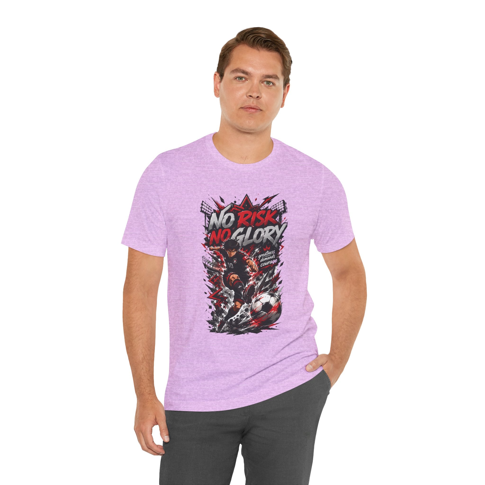 No Risk No Glory Soccer T-Shirt — Dynamic Football Player Graphic Tee