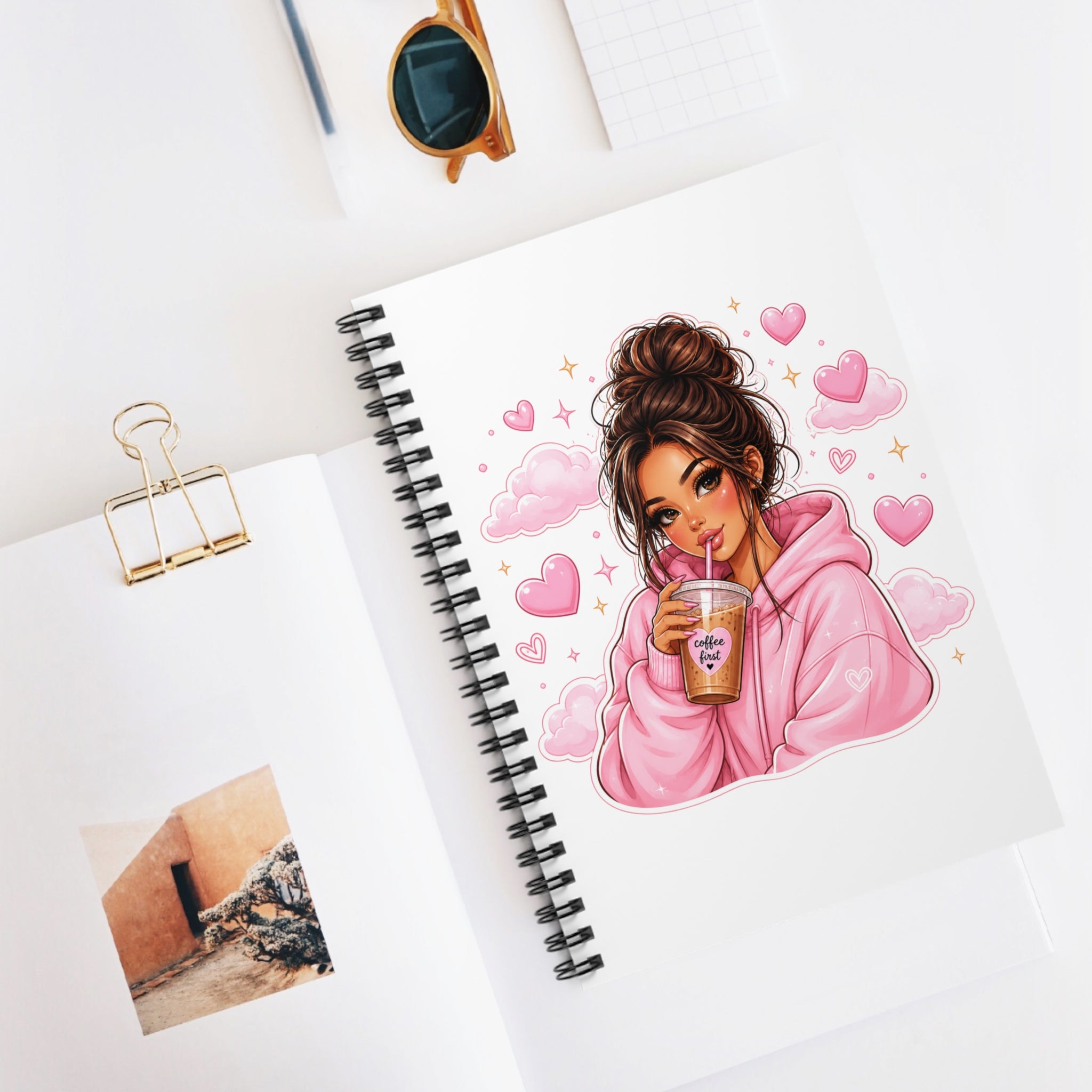 Cute Girl Pink Hoodie Notebook — Spiral Ruled Journal with Coffee & Hearts Design