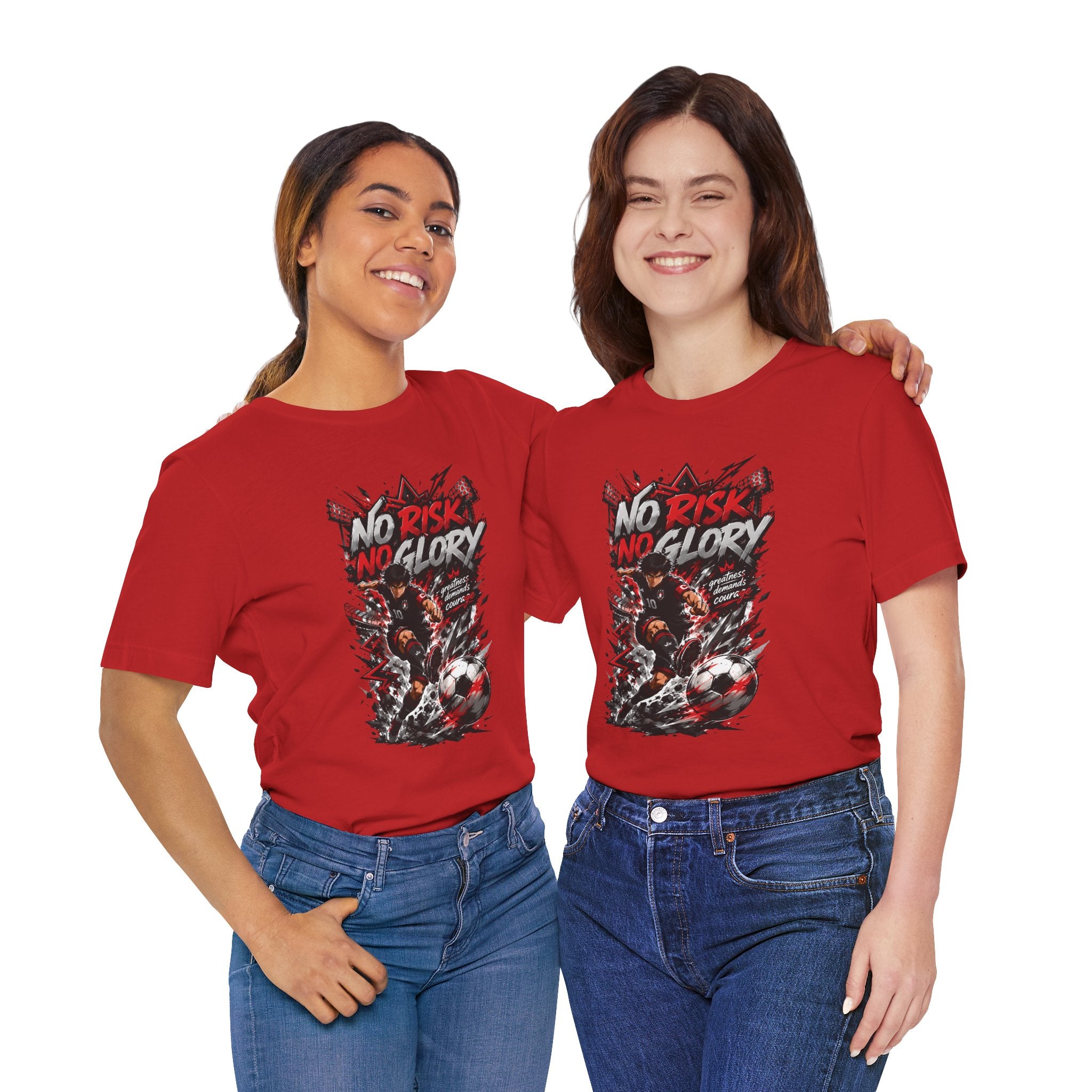 No Risk No Glory Soccer T-Shirt — Dynamic Football Player Graphic Tee