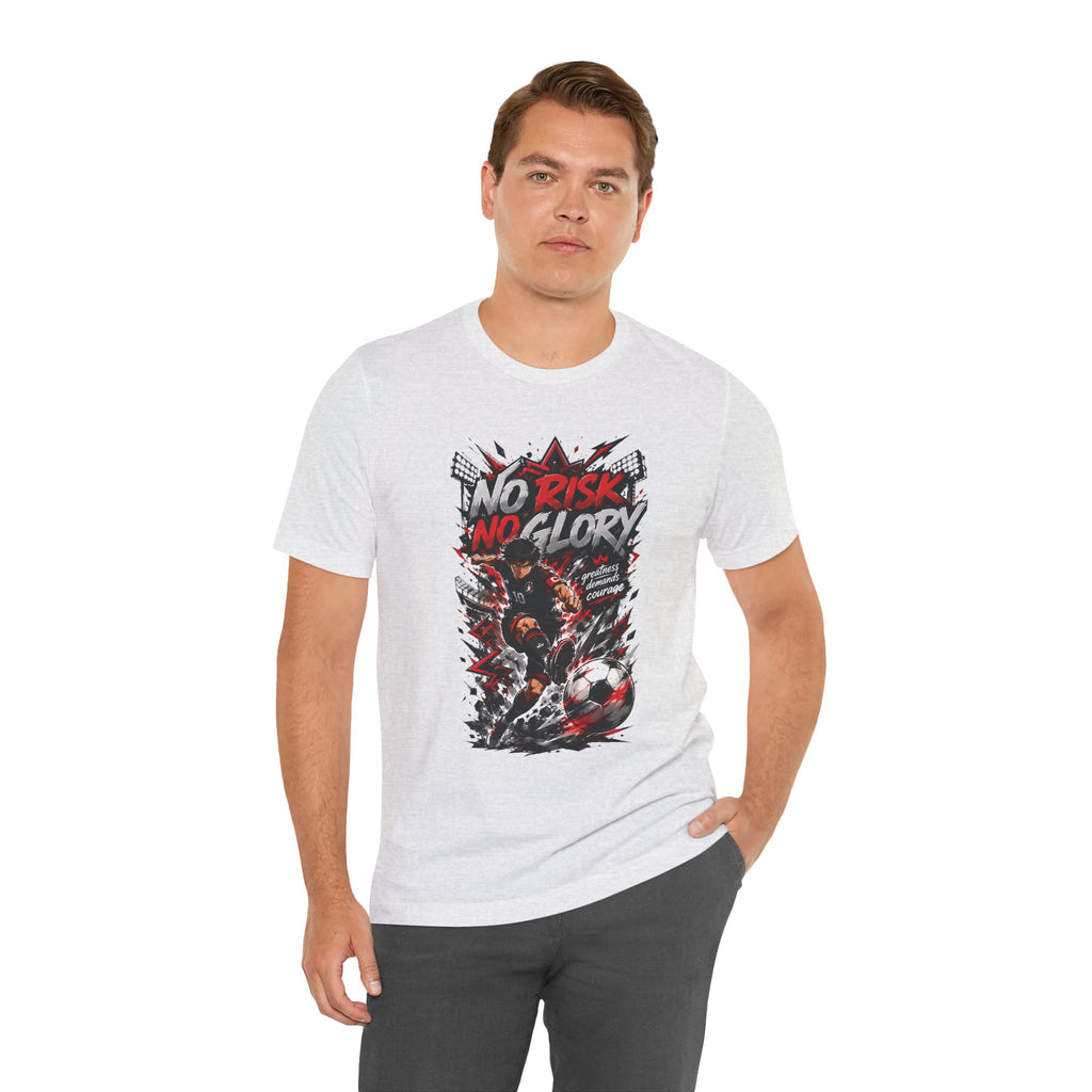 No Risk No Glory Soccer T-Shirt — Dynamic Football Player Graphic Tee