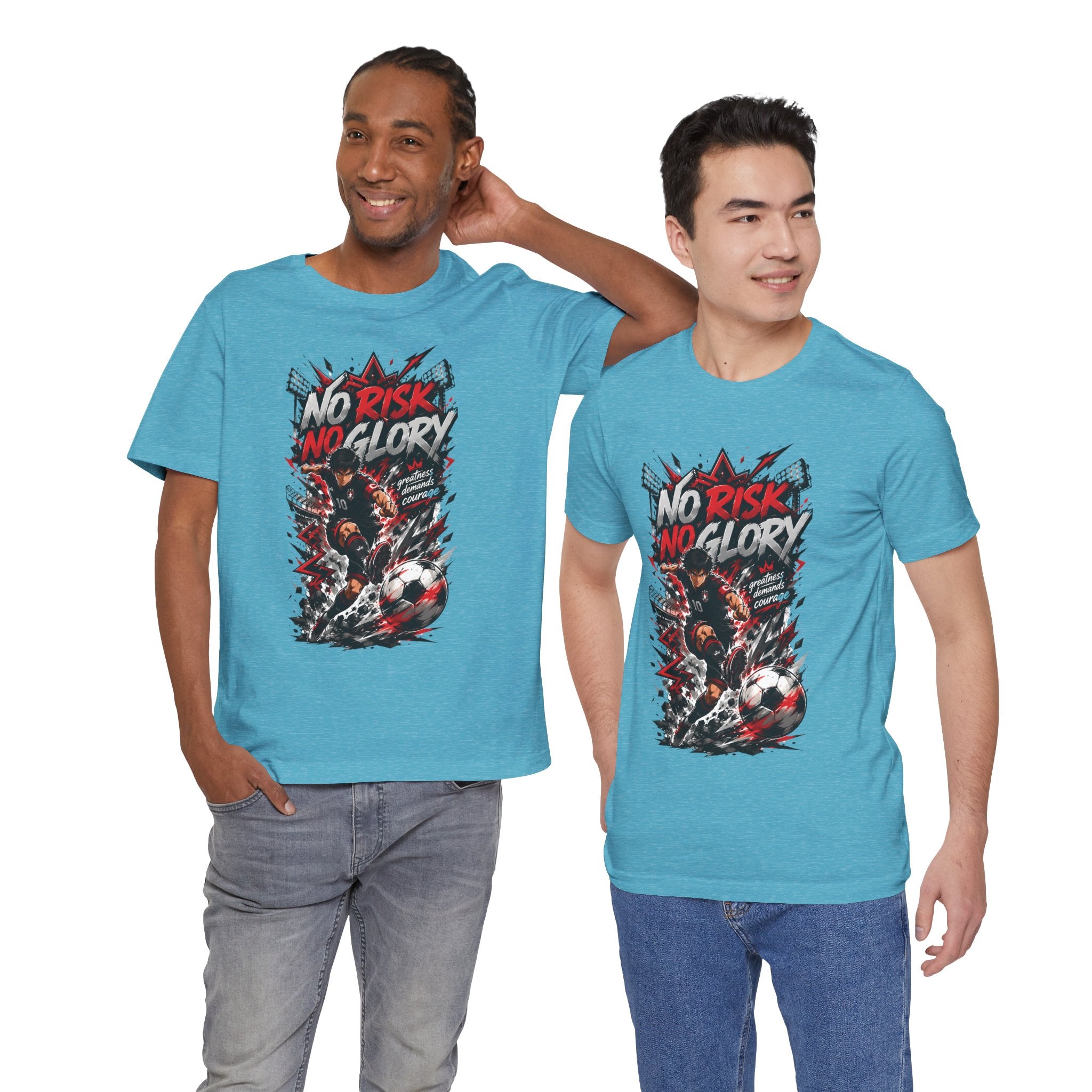 No Risk No Glory Soccer T-Shirt — Dynamic Football Player Graphic Tee