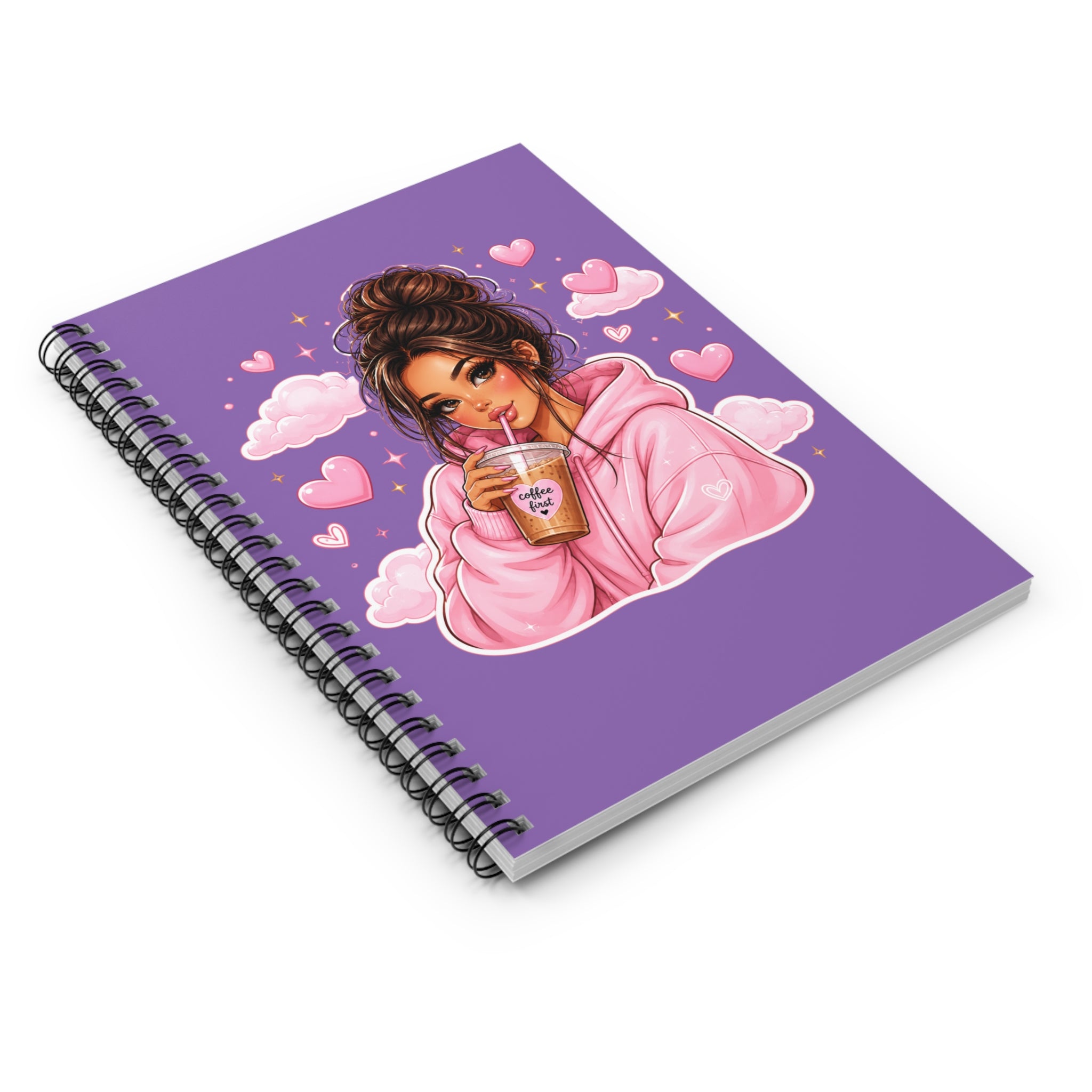 Cute Girl Drinking Boba Spiral Notebook — Pink Hoodie Illustration, Ruled Journal