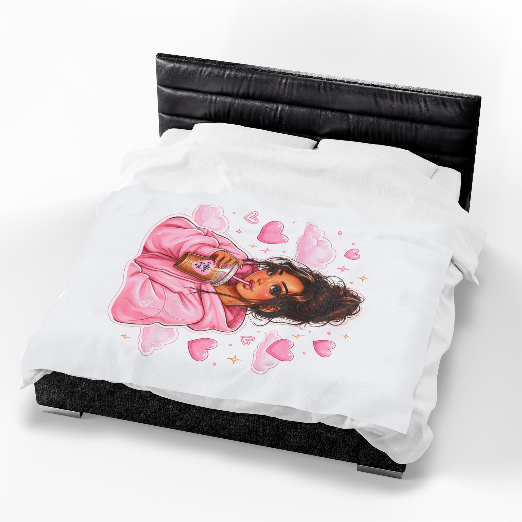 Velveteen Plush Blanket — Cozy Pink Hoodie Girl with Coffee Illustration