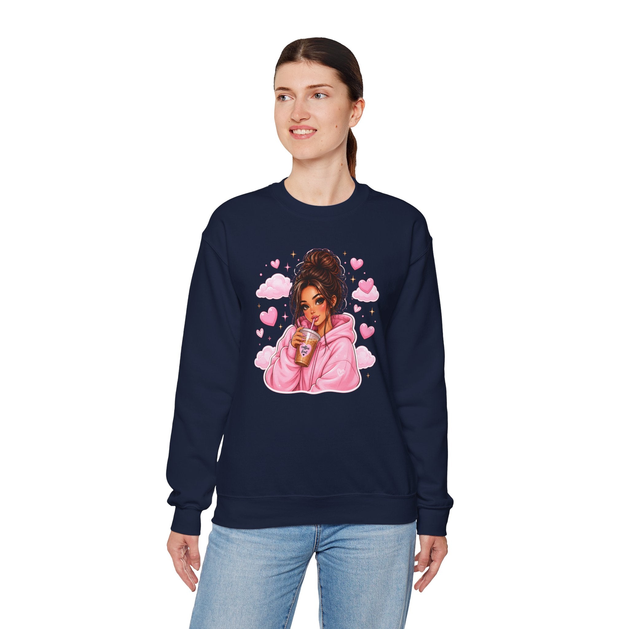 Cozy Pink Heart Girl Crewneck Sweatshirt