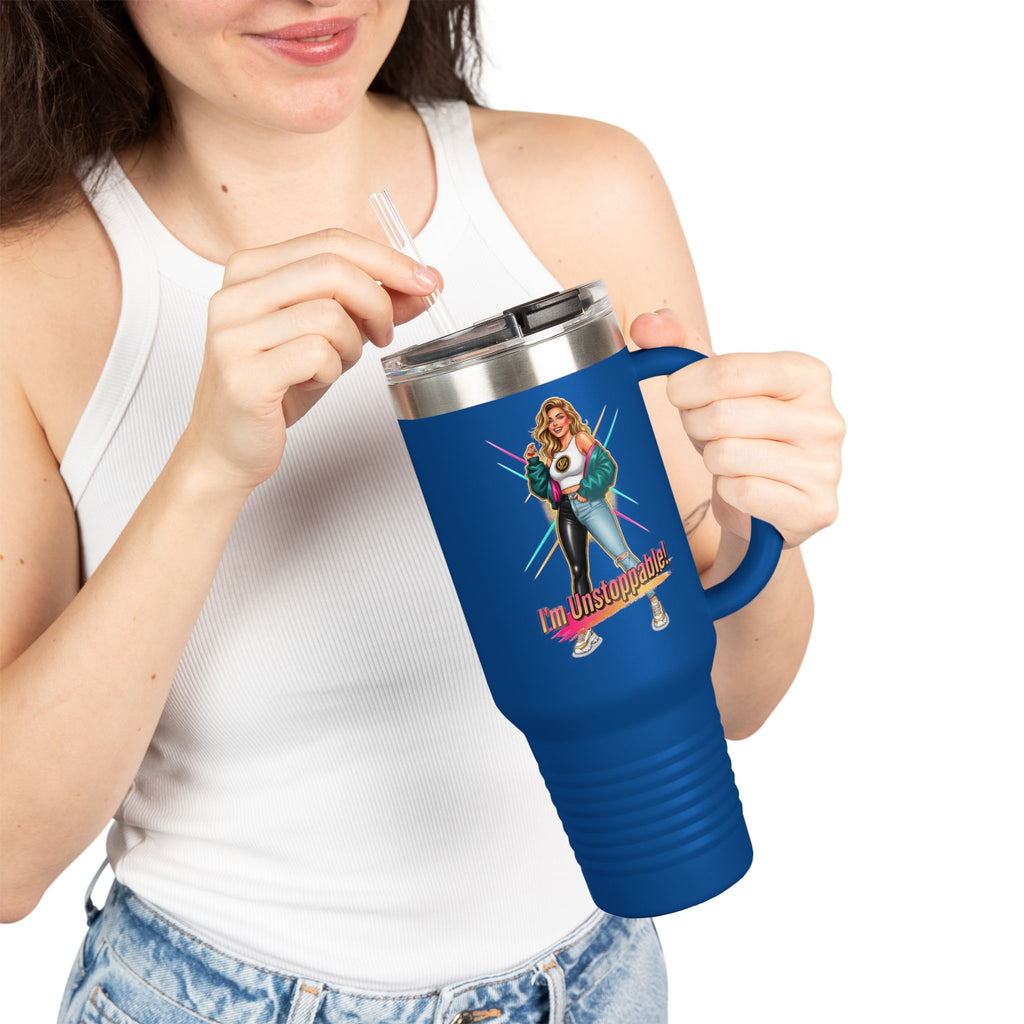 40oz Insulated Travel Mug — “I’m Unstoppable” Retro Fitness Graphic