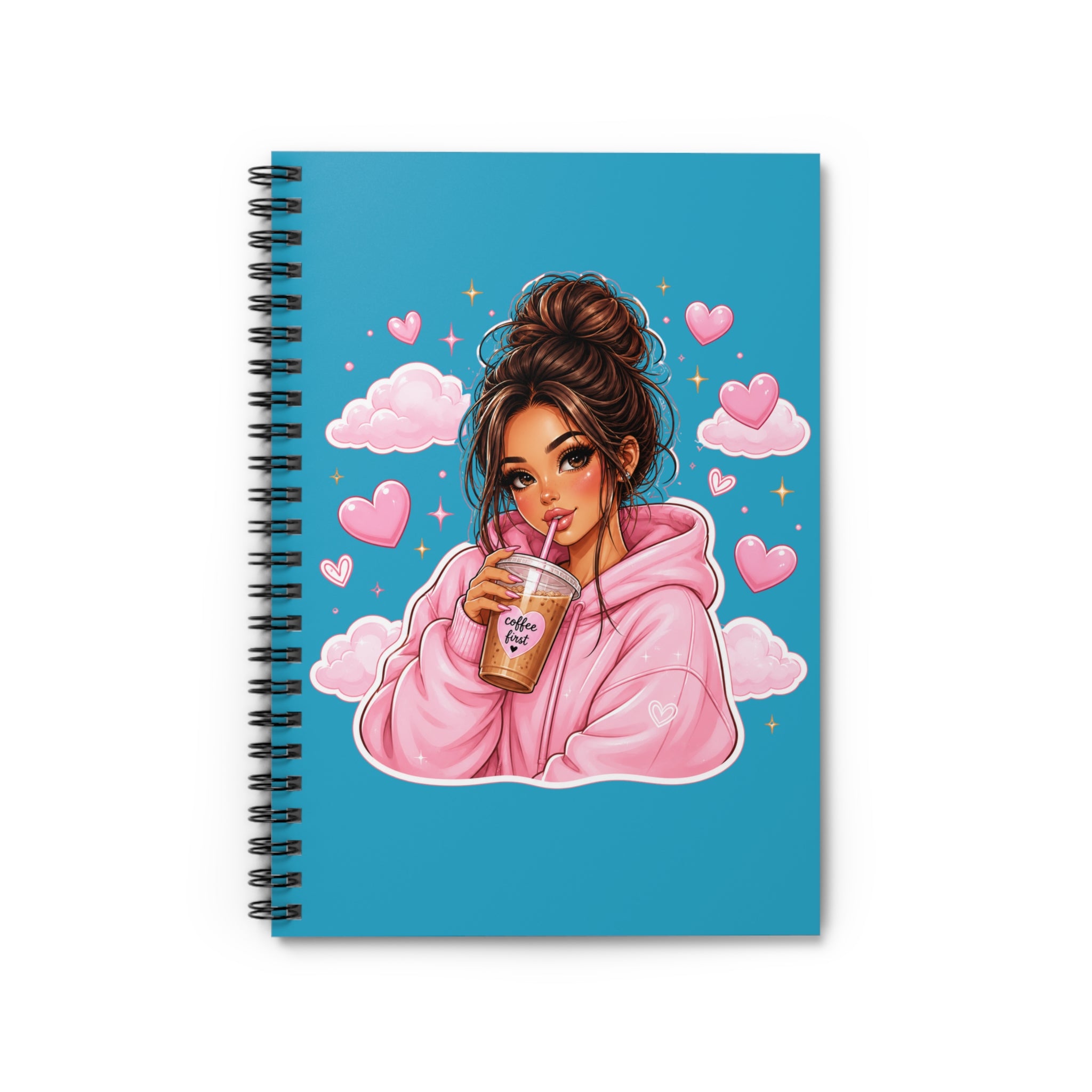 Cute Girl Drinking Bubble Tea Spiral Notebook — Kawaii Pink Hoodie Journal