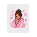 Velveteen Plush Blanket — Cozy Pink Hoodie Girl with Coffee Illustration