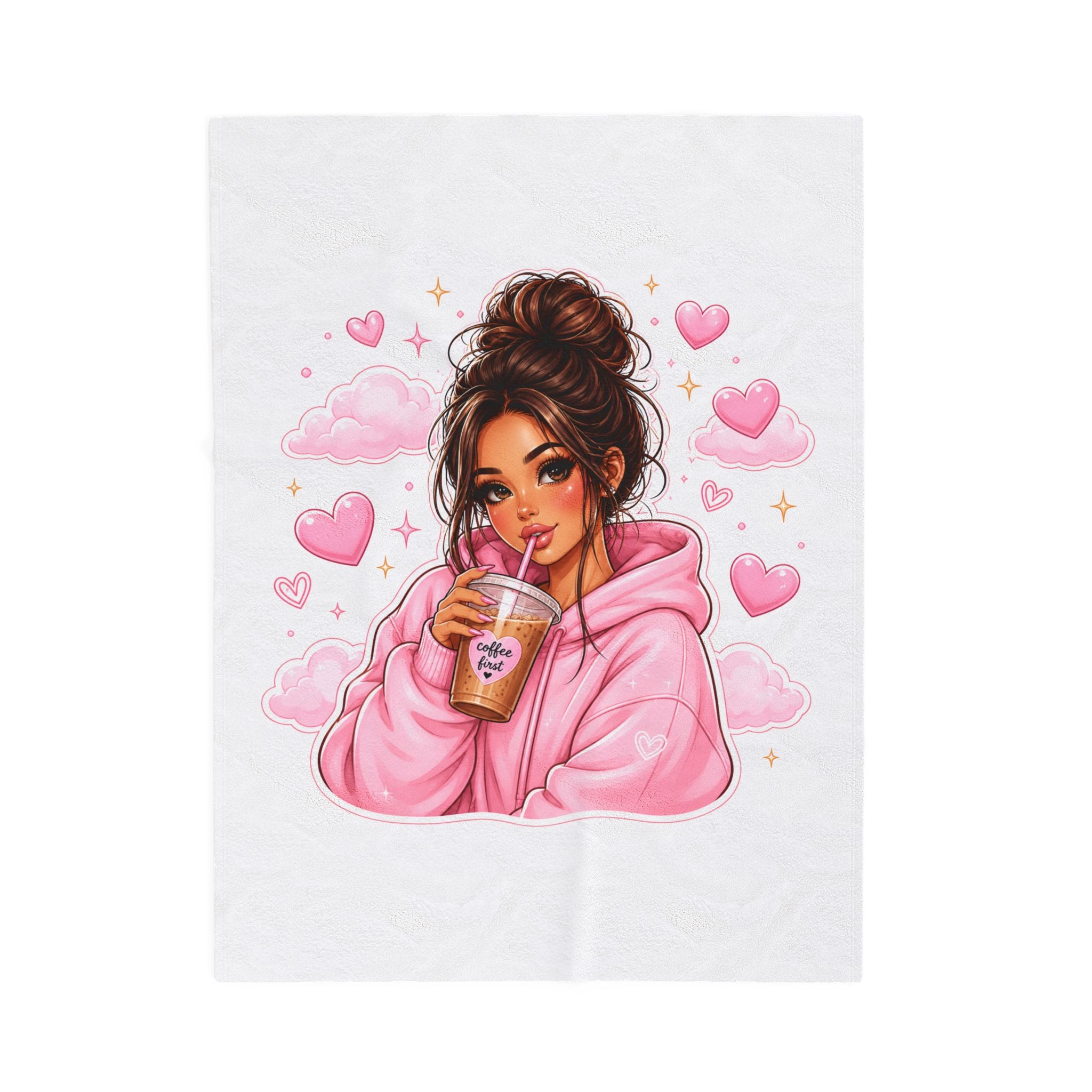 Velveteen Plush Blanket — Cozy Pink Hoodie Girl with Coffee Illustration