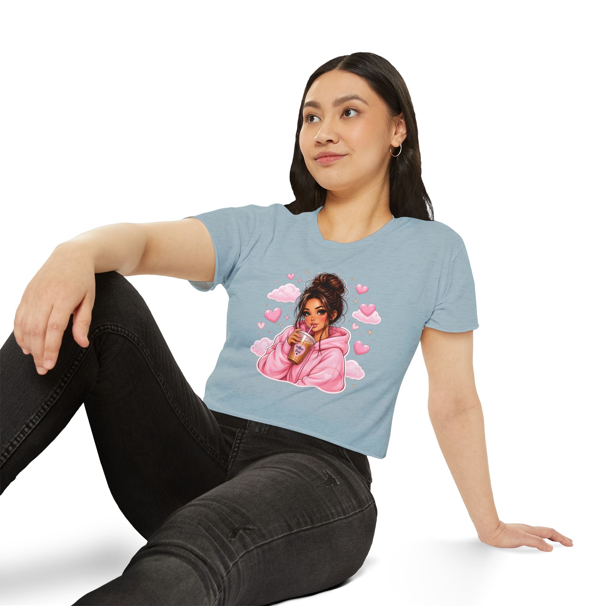 Women's Crop Top — Cute Pink Hoodie Girl Drinking Boba Illustration