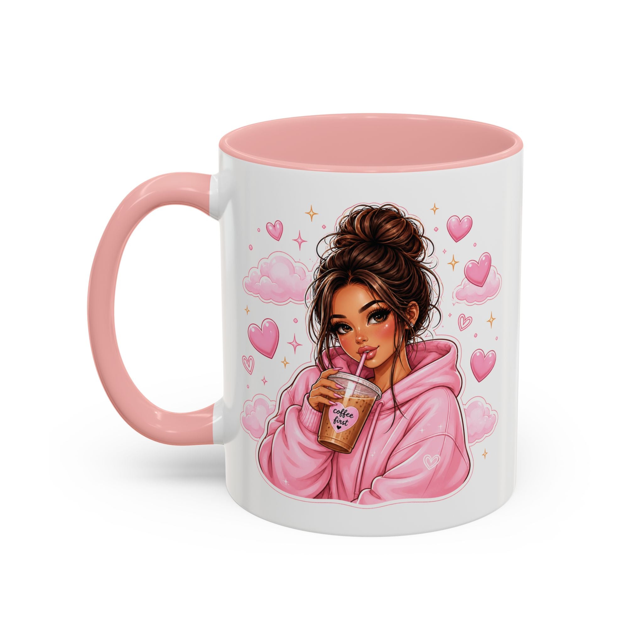 Cute Girl Pink Hoodie Coffee Mug — Iced Coffee Aesthetic Accent Mug (11/15oz)
