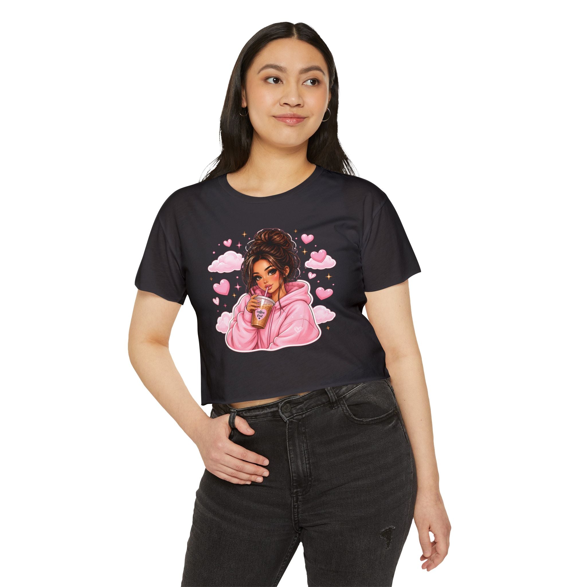 Women's Crop Top — Cute Pink Hoodie Girl Drinking Boba Illustration