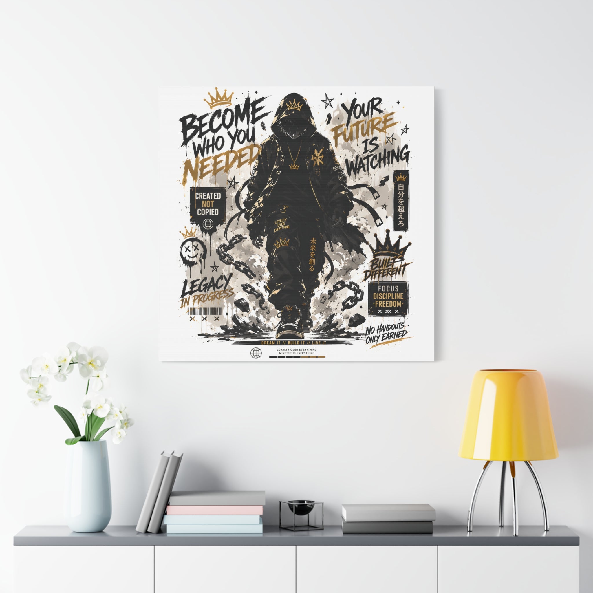 Motivational Street Art Canvas — "Become Who You Needed" Stretched Matte Print