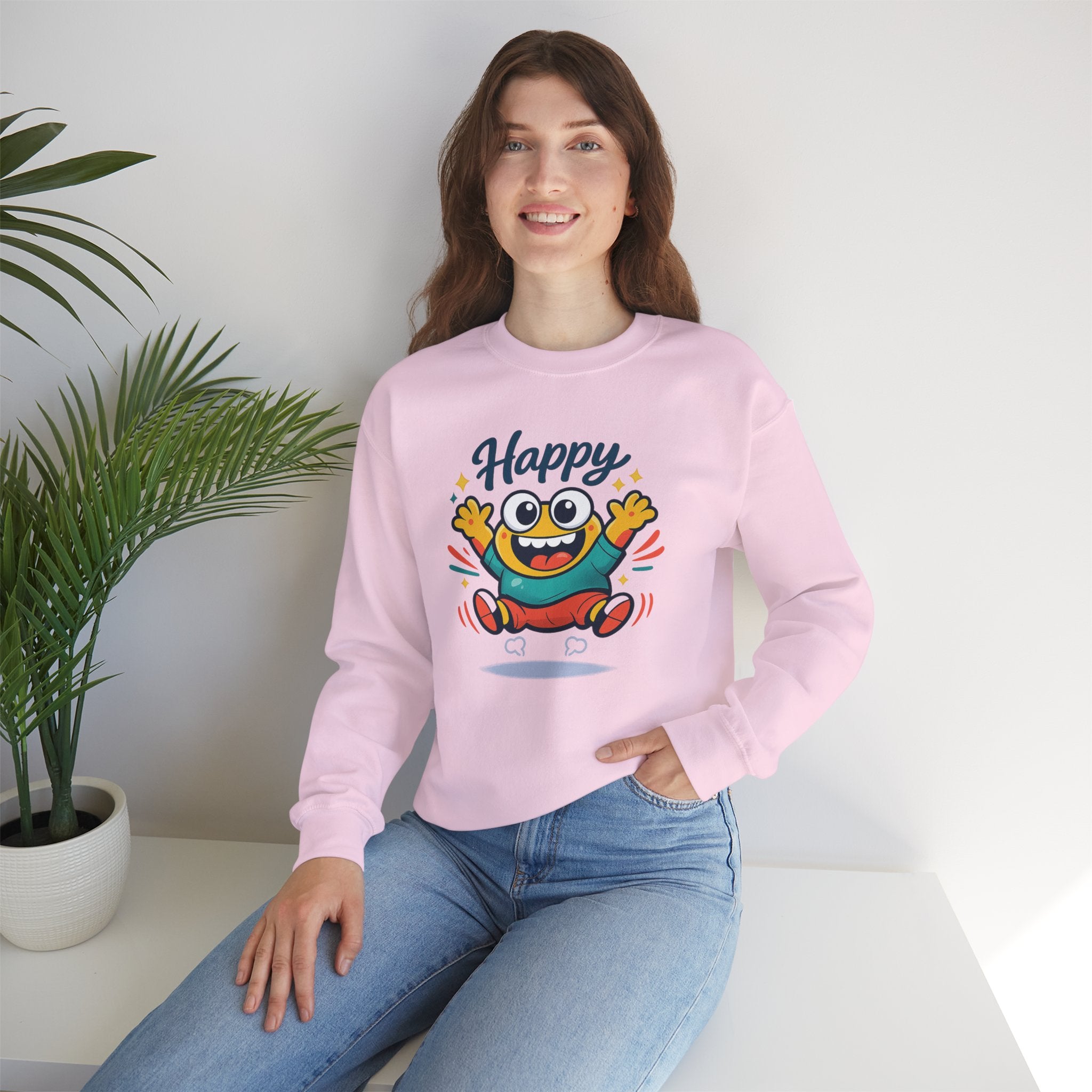 Happy Blob Cartoon Crewneck Sweatshirt | kawaii minimal, thick outline