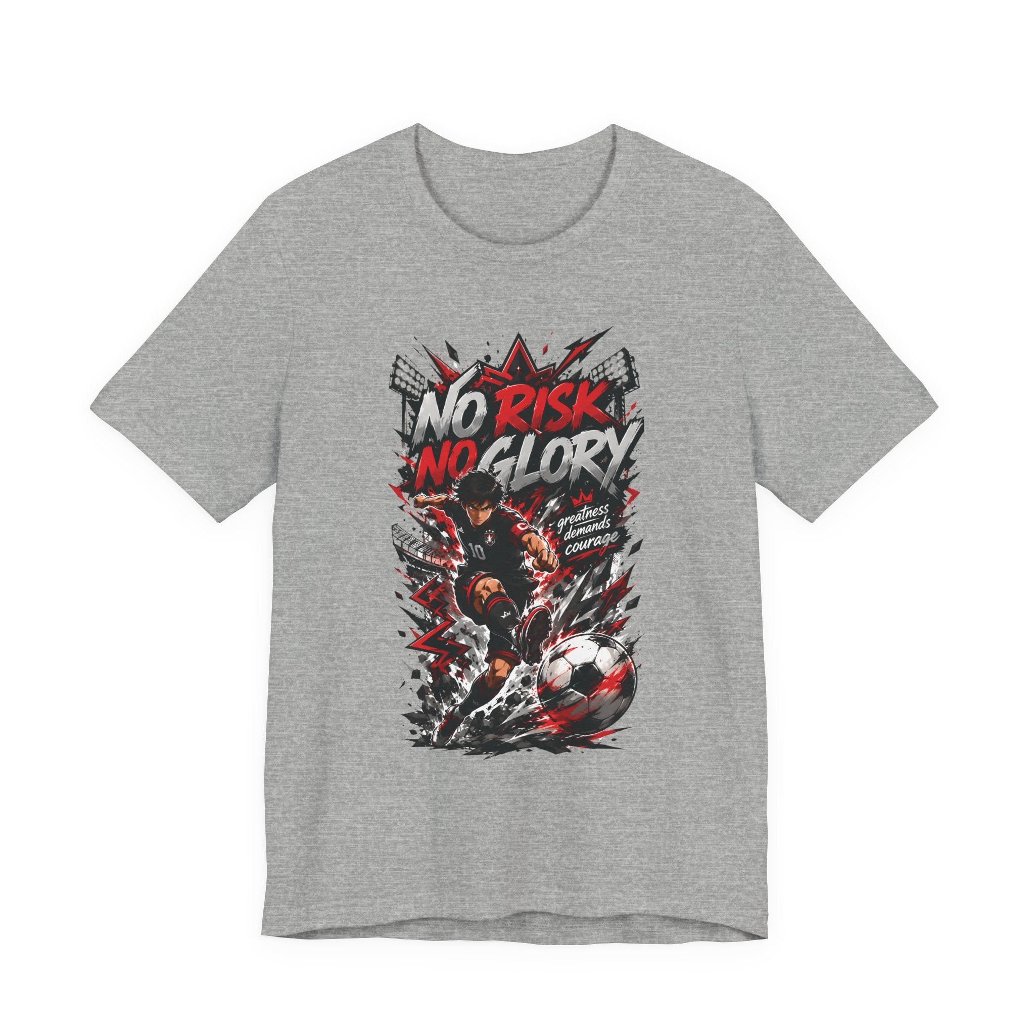 No Risk No Glory Soccer T-Shirt — Dynamic Football Player Graphic Tee