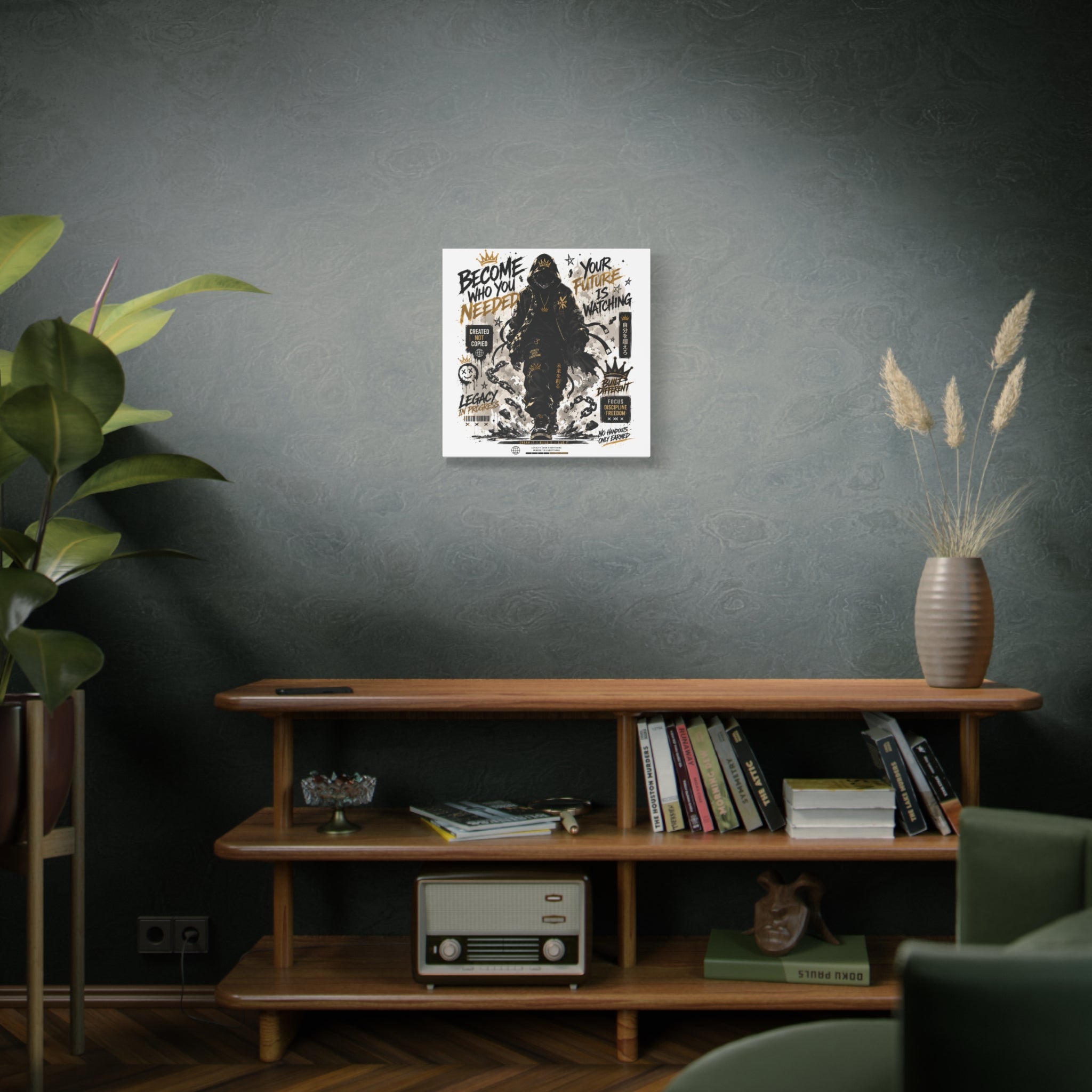 Motivational Street Art Canvas — "Become Who You Needed" Stretched Matte Print