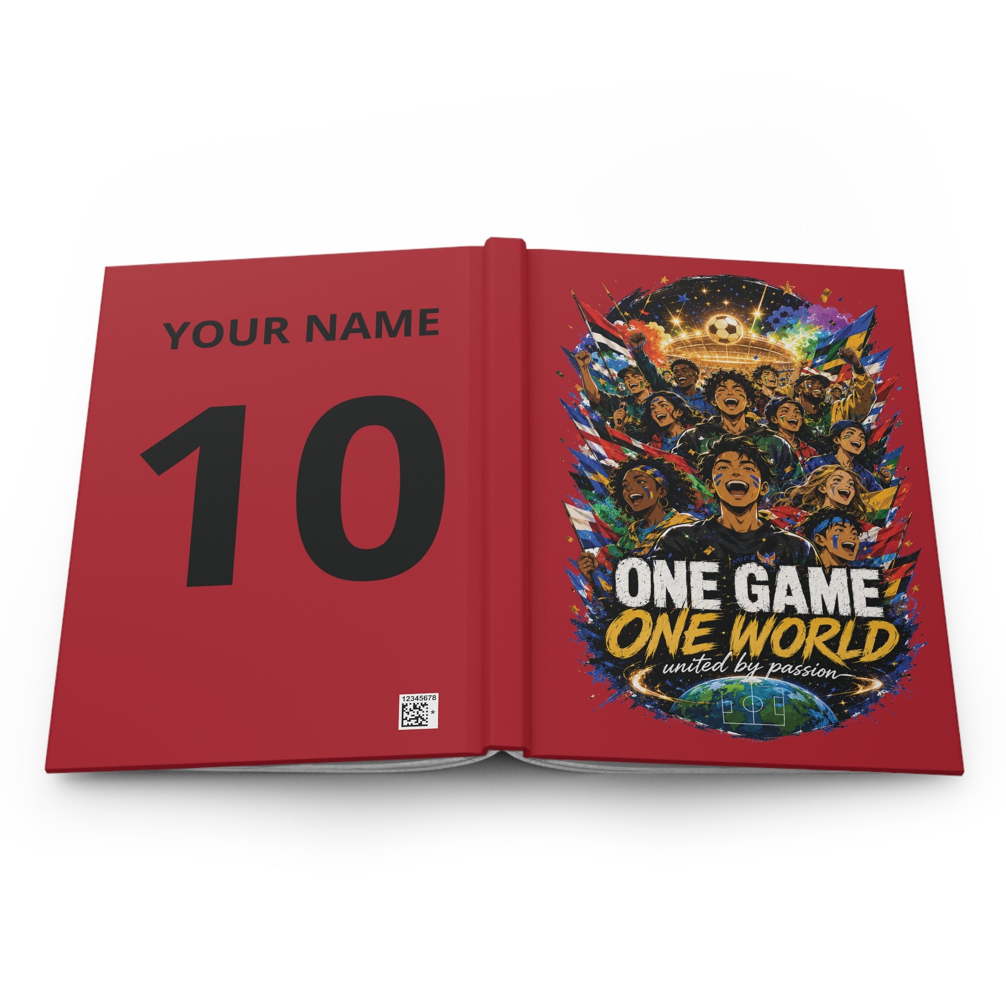 Hardcover Journal — "One Game One World" Soccer Keepsake (Custom Name & Number)