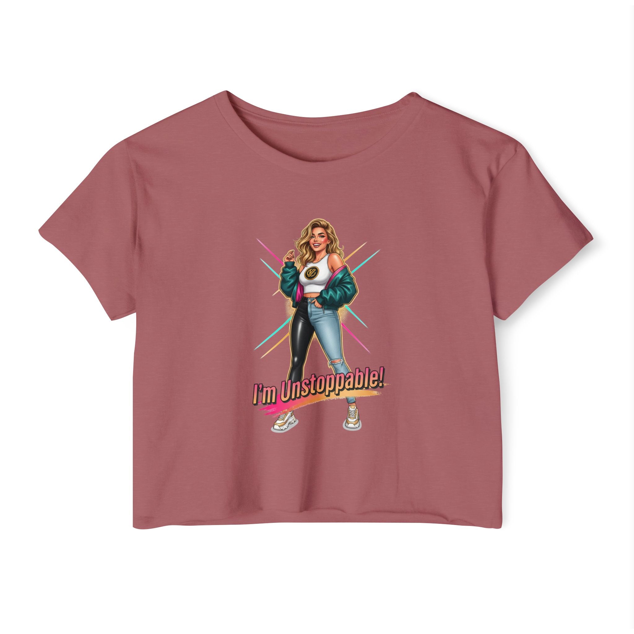 Women’s Festival Crop Top — “I’m Unstoppable!” Retro 80s Empowerment Tee