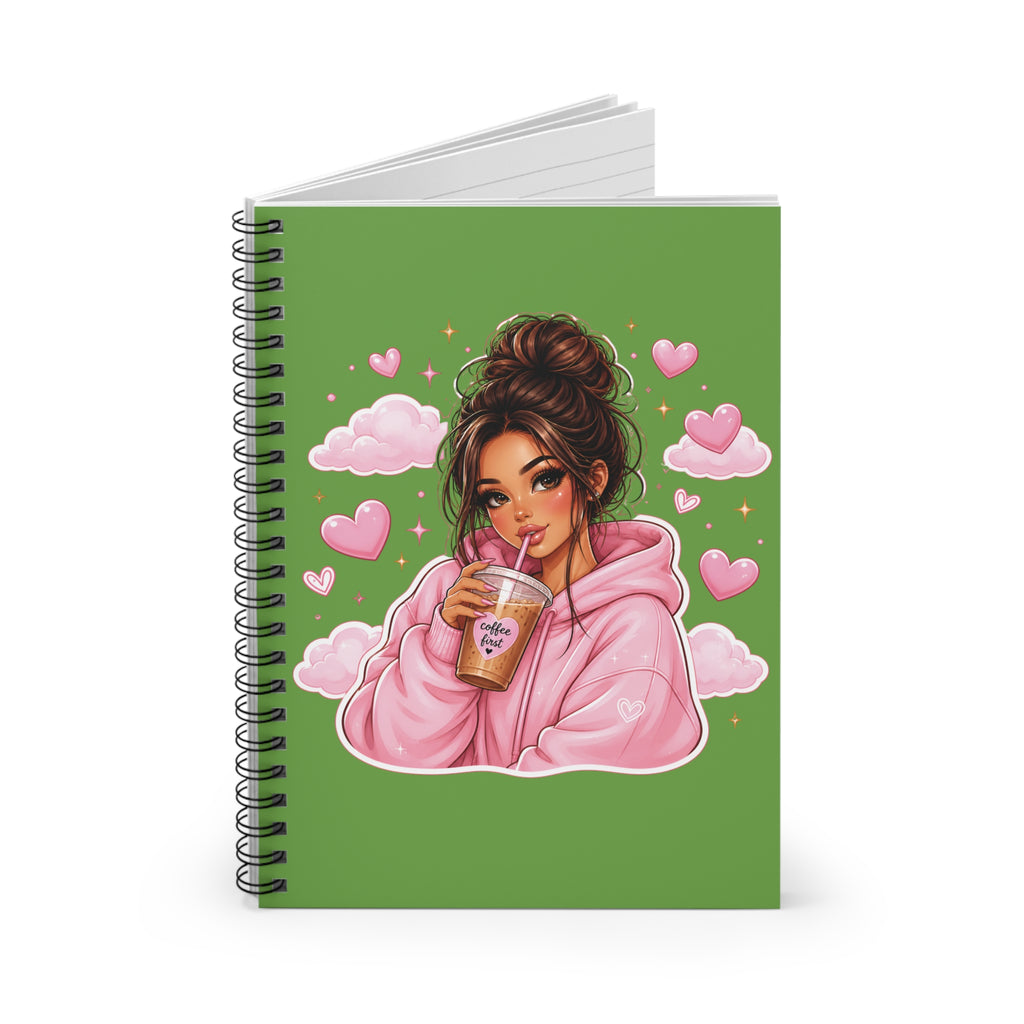 Green Aesthetic Notebook — Cozy Girl Drinking Coffee Illustration Spiral Journal