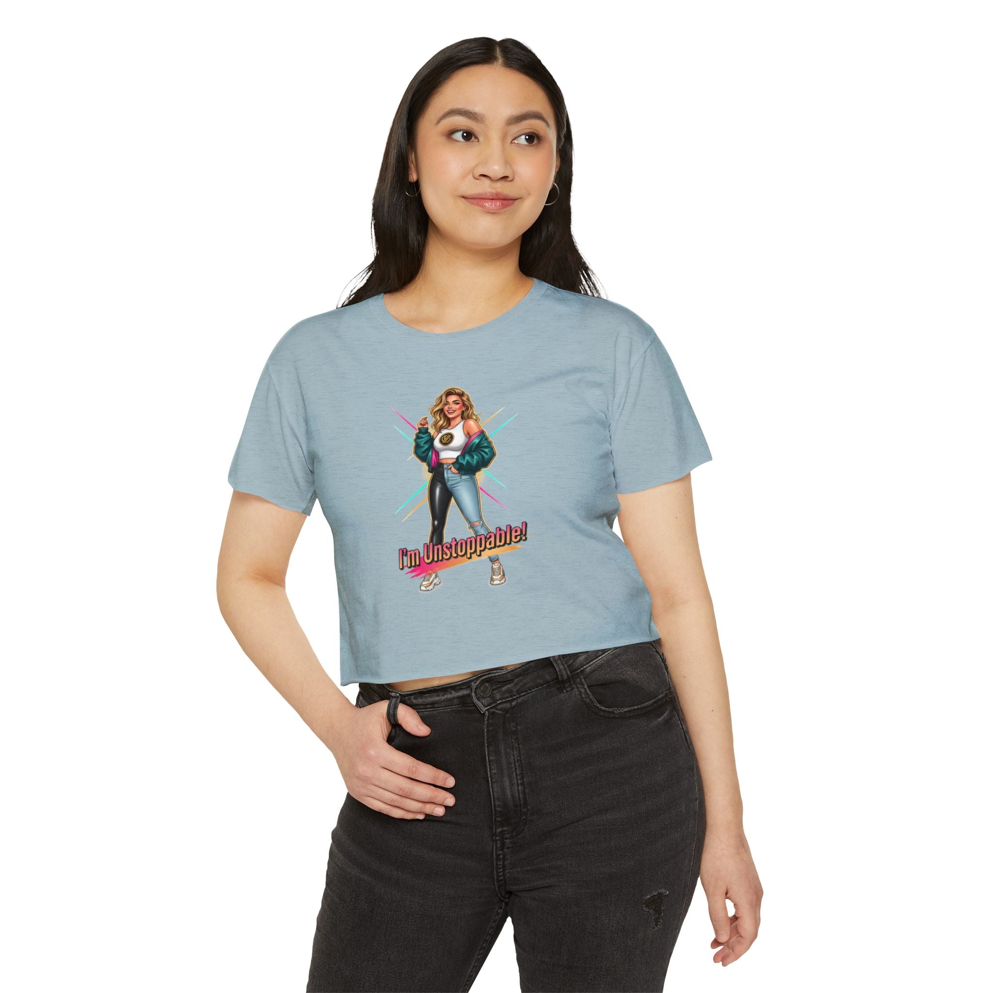 Women’s Festival Crop Top — “I’m Unstoppable!” Retro 80s Empowerment Tee