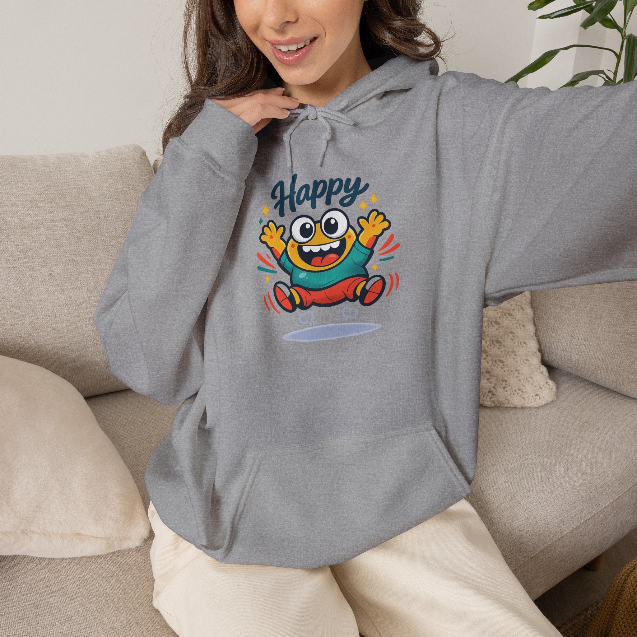 Happy Blob Cartoon Hoodie | kawaii minimal, thick outline mood face