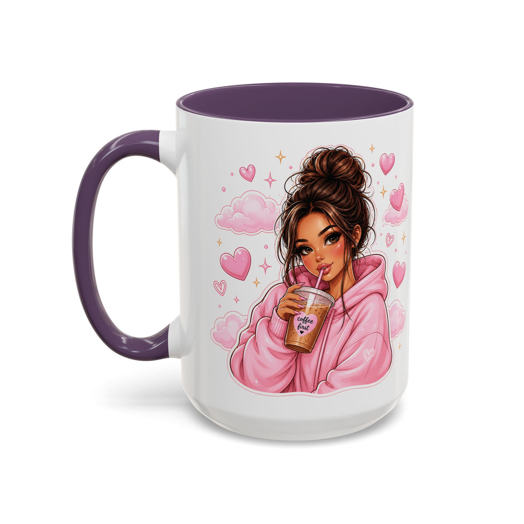 Cute Girl Pink Hoodie Coffee Mug — Iced Coffee Aesthetic Accent Mug (11/15oz)