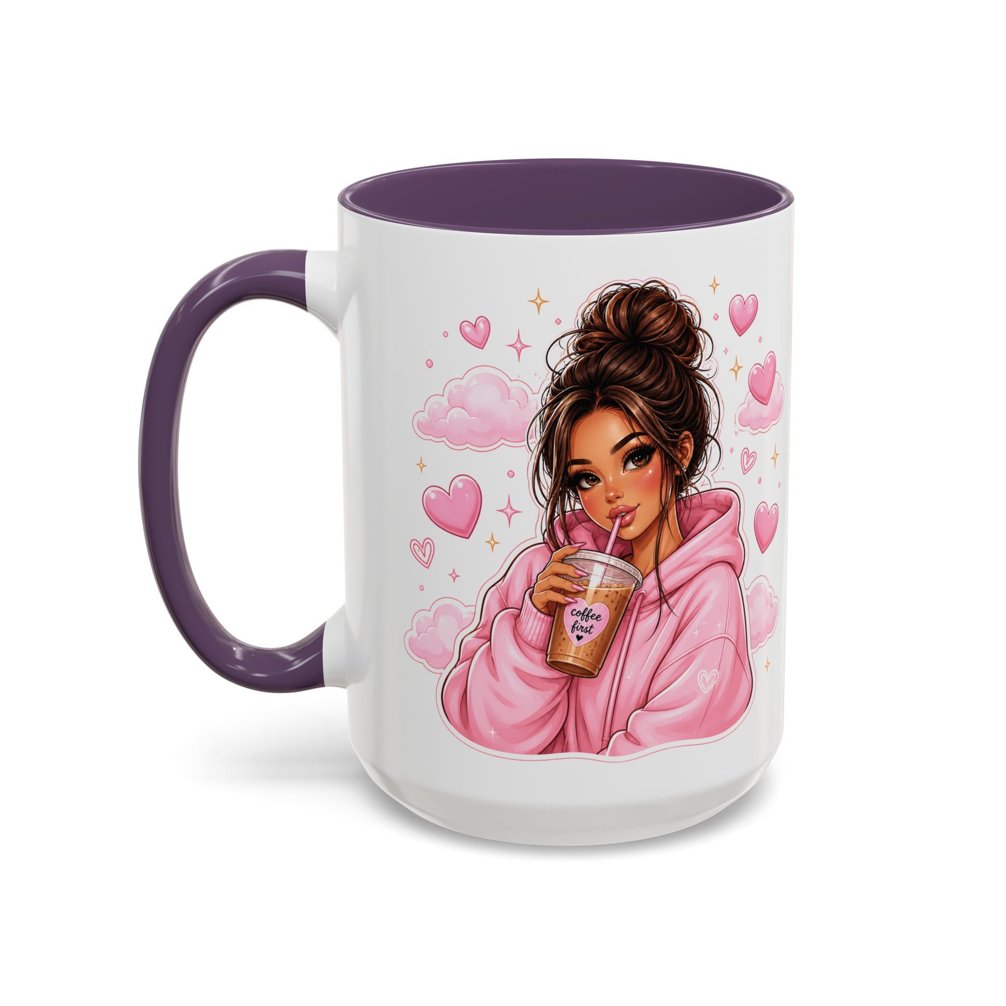 Cute Girl Pink Hoodie Coffee Mug — Iced Coffee Aesthetic Accent Mug (11/15oz)