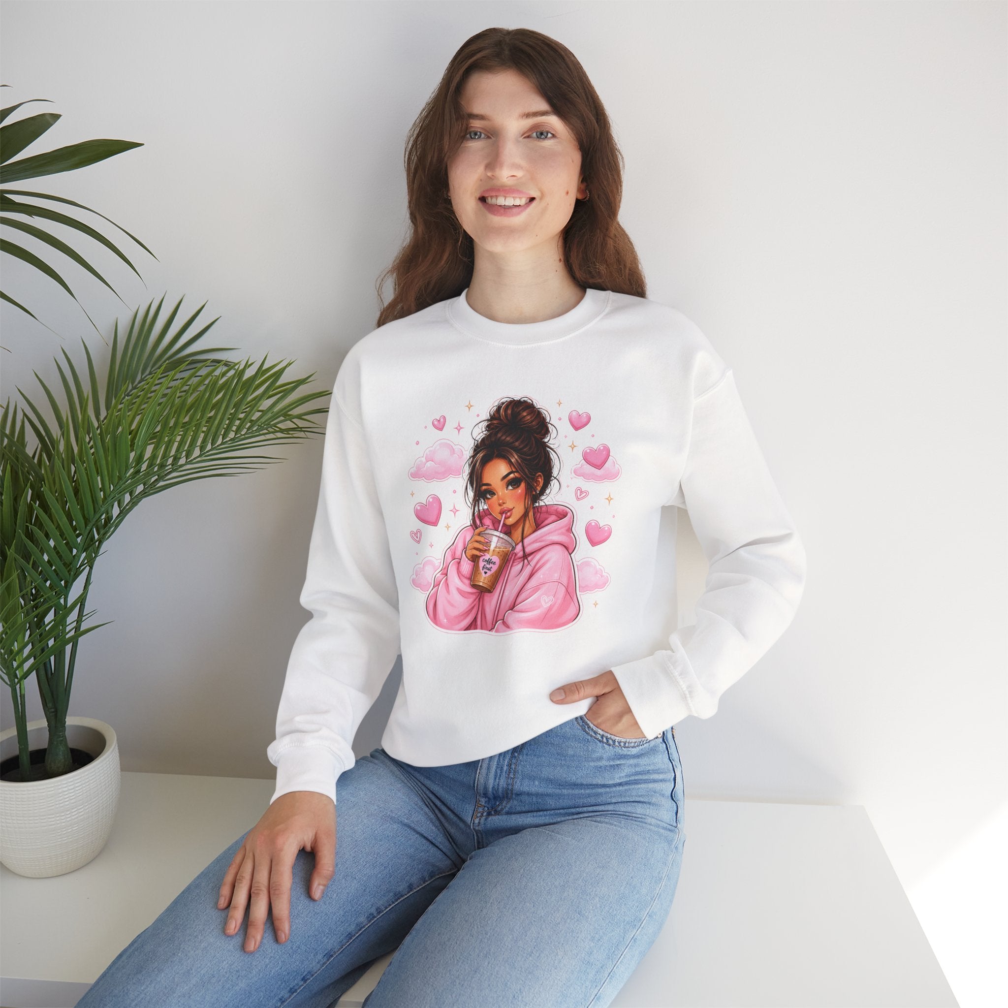 Cozy Pink Heart Girl Crewneck Sweatshirt