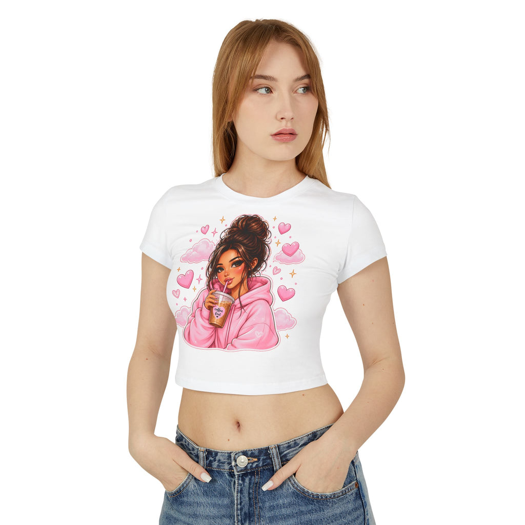 Baby Tee — Cute Girl Drinking Coffee Illustration, Pink Hearts Cozy Aesthetic Top