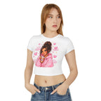 Baby Tee — Cute Girl Drinking Coffee Illustration, Pink Hearts Cozy Aesthetic Top