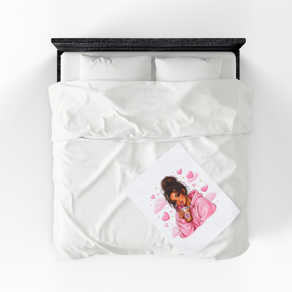 Velveteen Plush Blanket — Cozy Pink Hoodie Girl with Coffee Illustration
