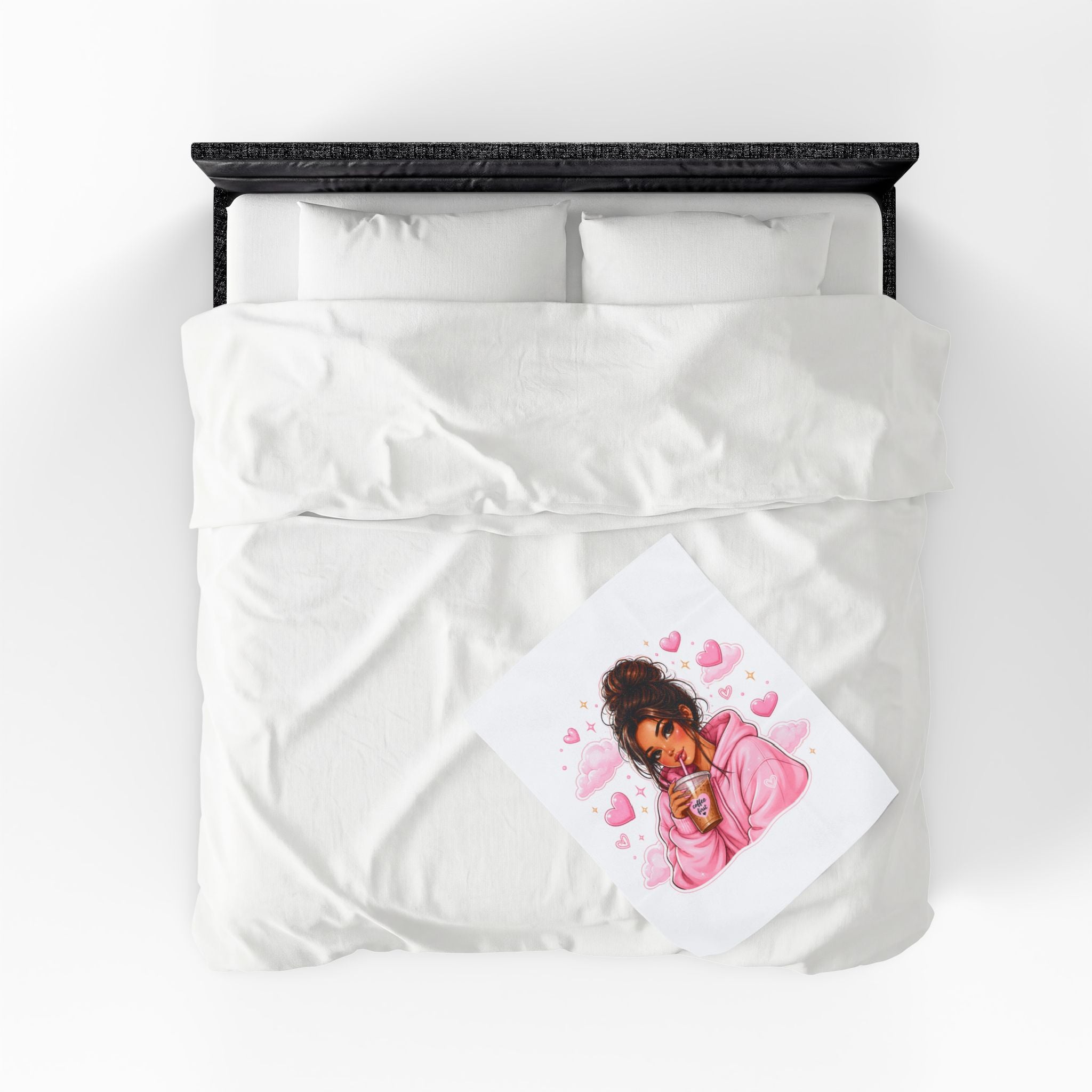 Velveteen Plush Blanket — Cozy Pink Hoodie Girl with Coffee Illustration
