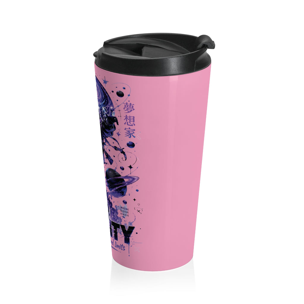 Galaxy Astronaut Travel Mug — "You Create Reality" Pink Stainless Steel Tumbler (Carnation Pink)