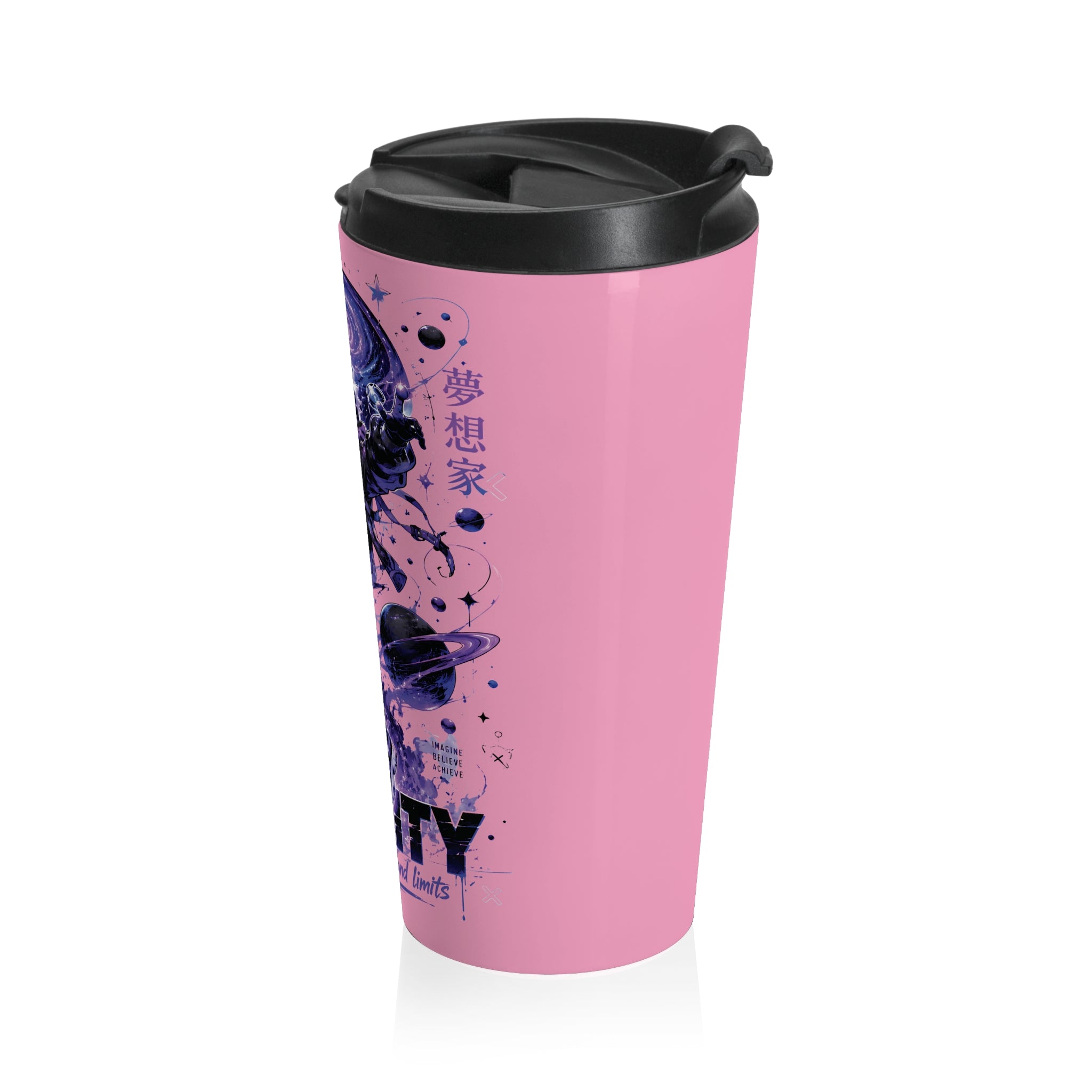Galaxy Astronaut Travel Mug — "You Create Reality" Pink Stainless Steel Tumbler (Carnation Pink)
