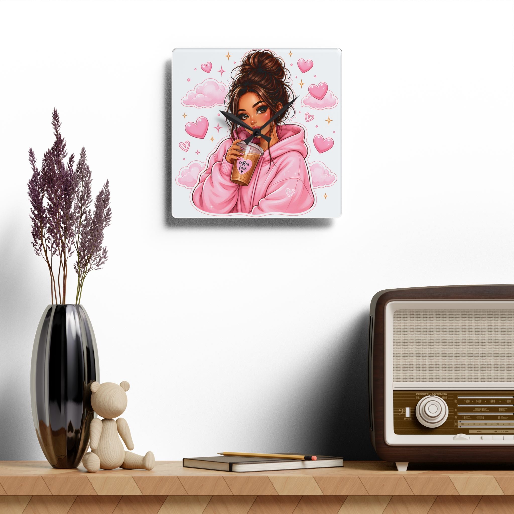 Cozy Pink Hoodie Girl Acrylic Wall Clock