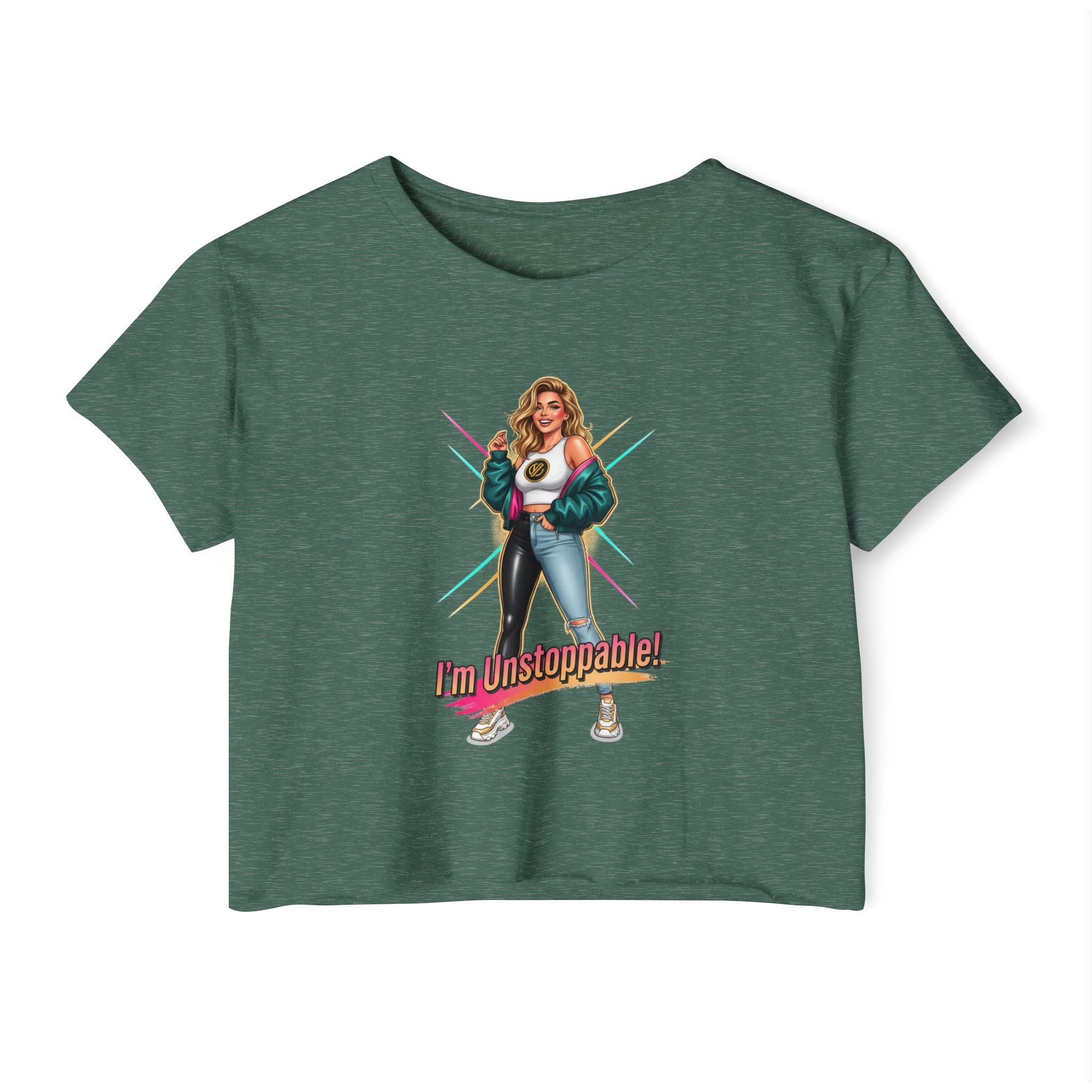 Women’s Festival Crop Top — “I’m Unstoppable!” Retro 80s Empowerment Tee