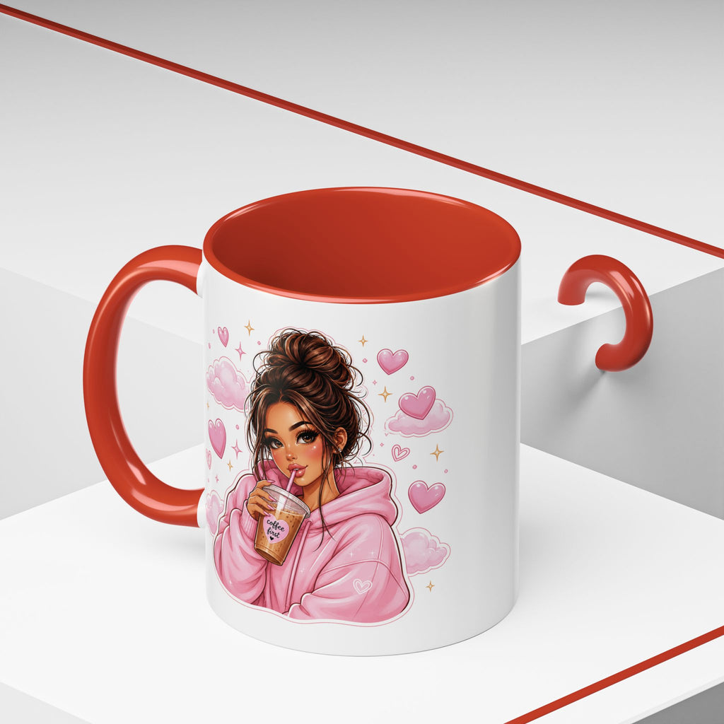 Cute Girl Pink Hoodie Coffee Mug — Iced Coffee Aesthetic Accent Mug (11/15oz)