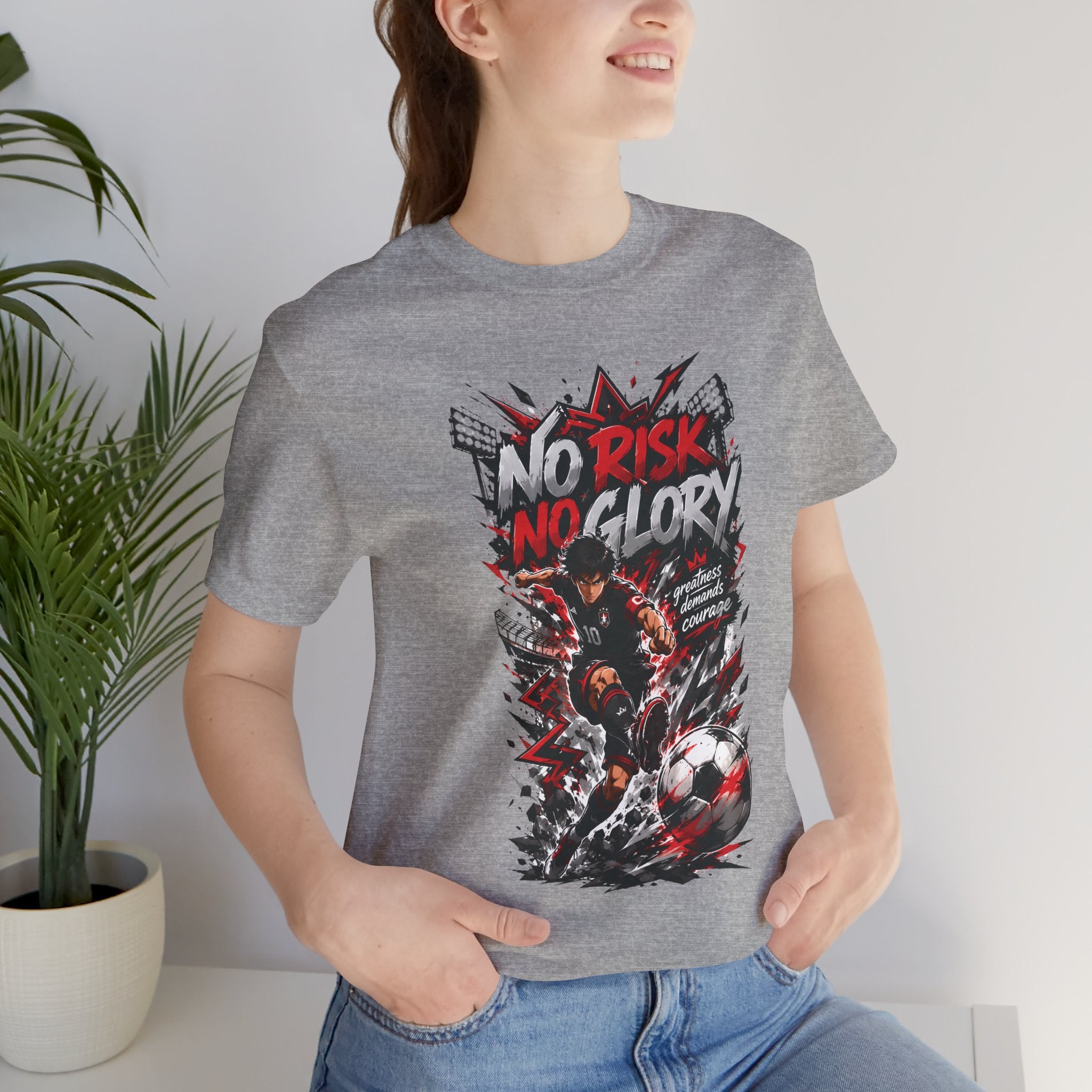No Risk No Glory Soccer T-Shirt — Dynamic Football Player Graphic Tee
