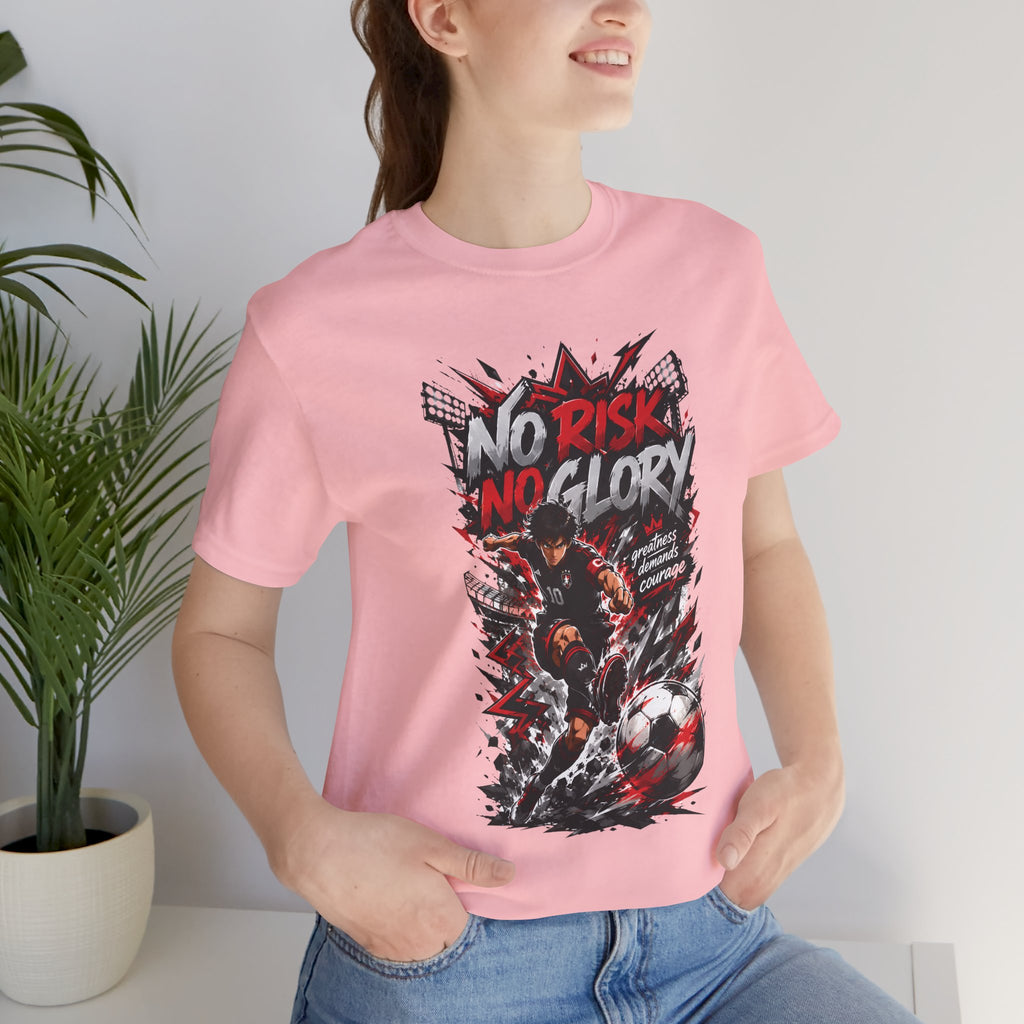 No Risk No Glory Soccer T-Shirt — Dynamic Football Player Graphic Tee