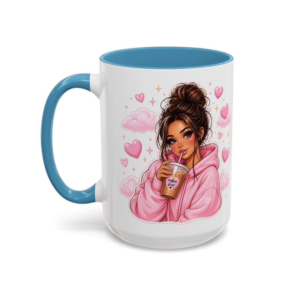 Cute Girl Pink Hoodie Coffee Mug — Iced Coffee Aesthetic Accent Mug (11/15oz)
