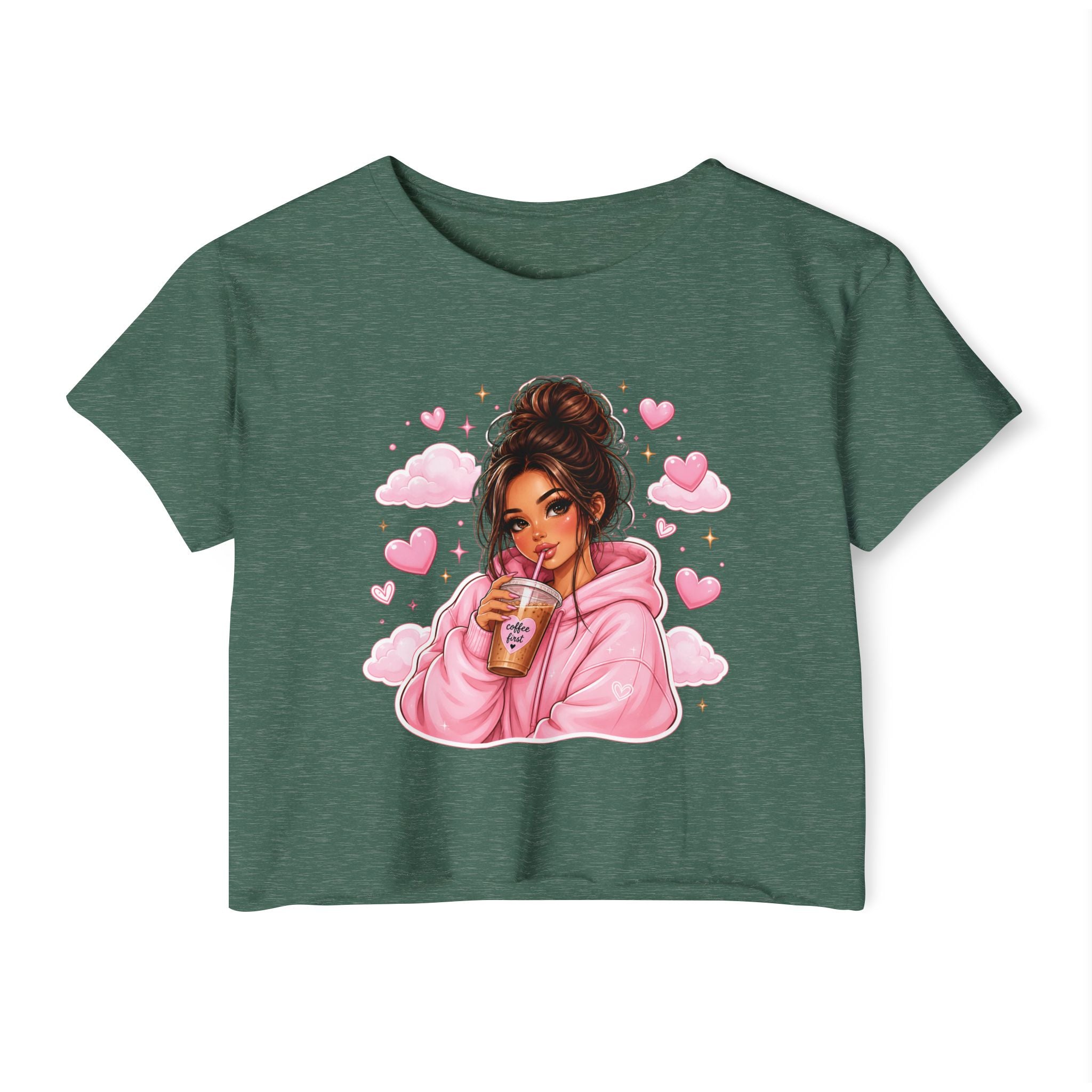 Women's Crop Top — Cute Pink Hoodie Girl Drinking Boba Illustration